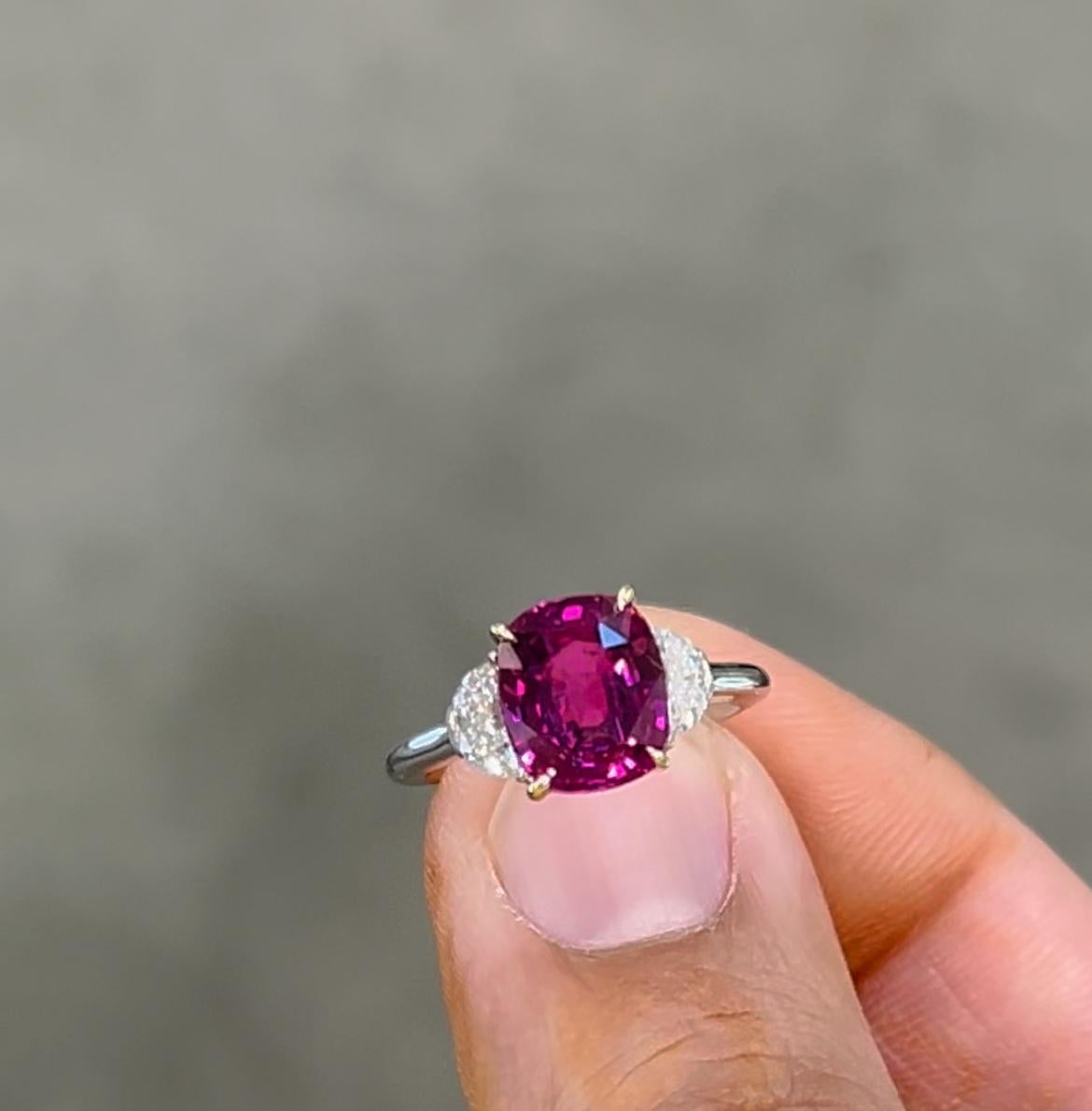 Women's 4.11 carat cushion-cut, untreated Mozambique Ruby ring. AGL certified.  For Sale