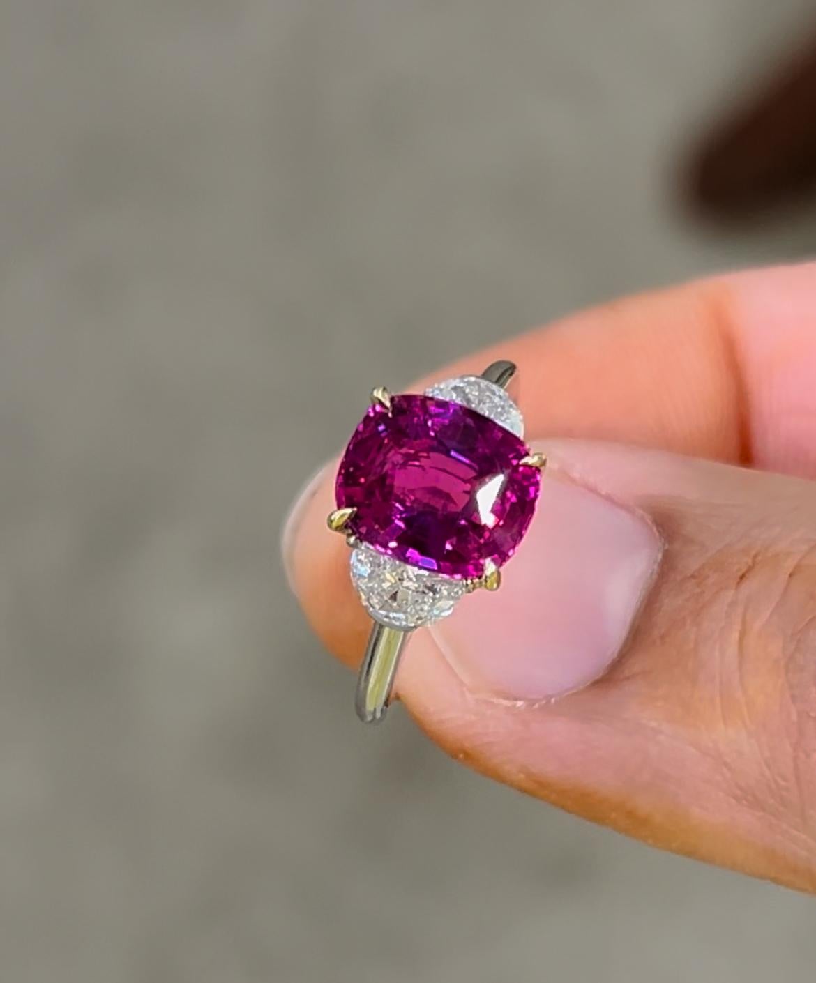 4.11 carat cushion-cut, untreated Mozambique Ruby ring. AGL certified.  For Sale 1