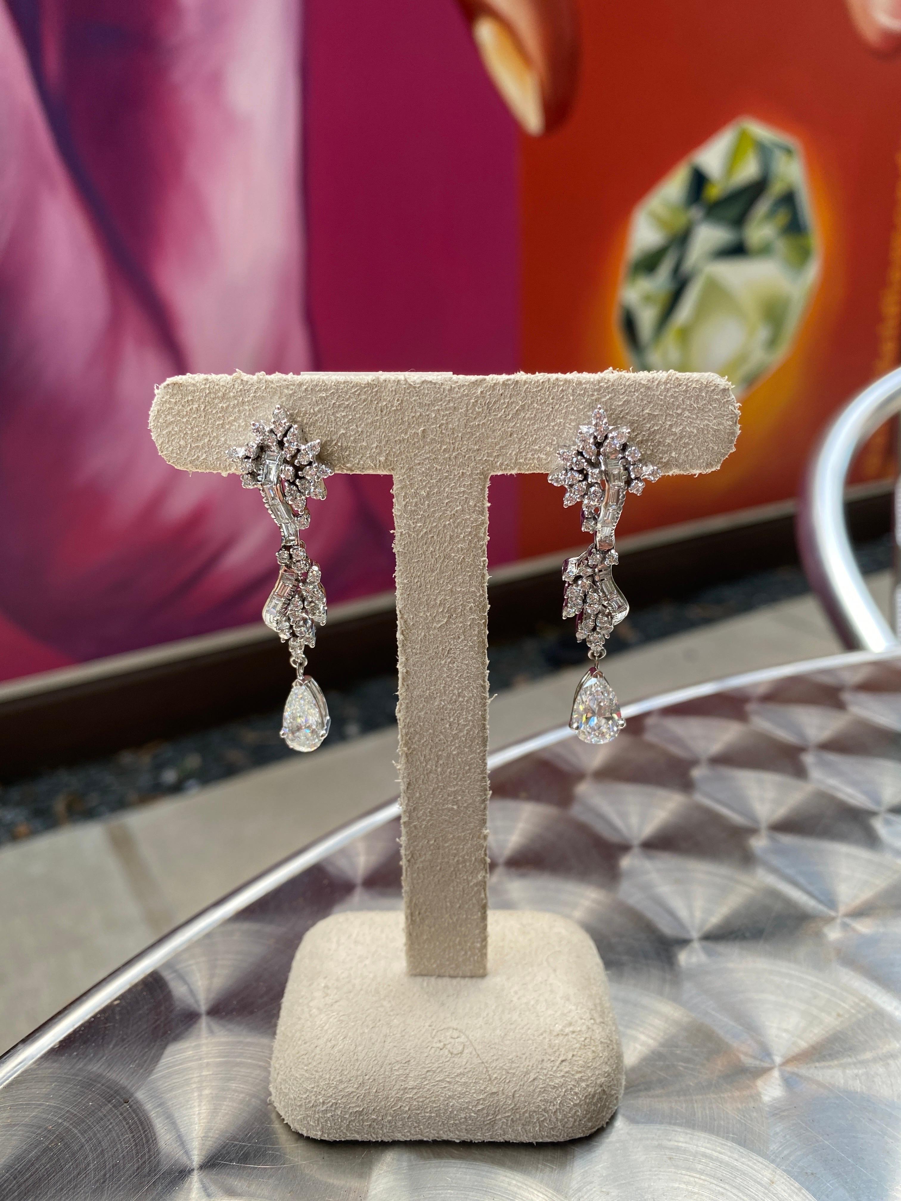 4.11ctw Pear Shaped Natural Diamond & 2.00ctw Diamond Dangle Earrings, Palladium For Sale 4