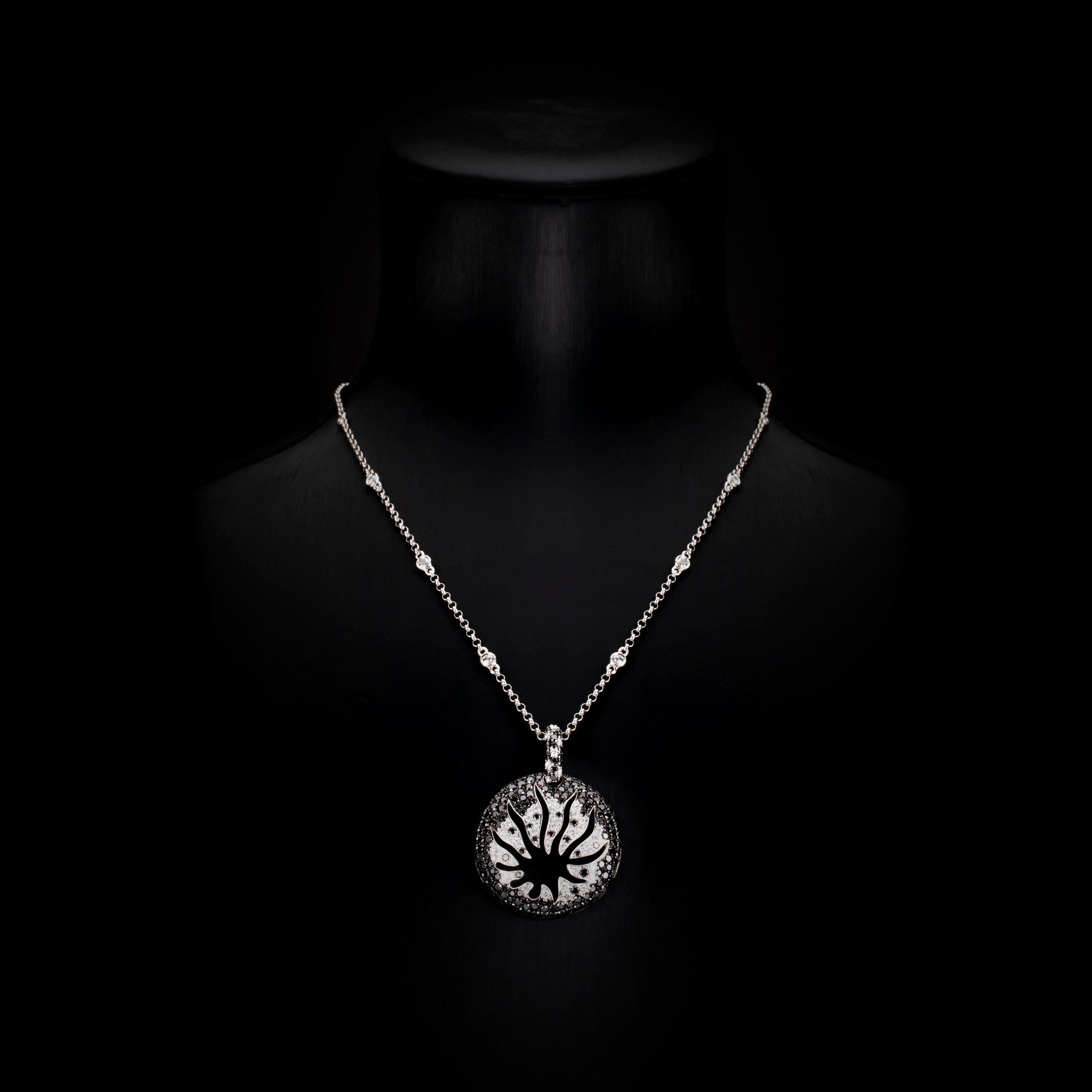 Contemporary 4.12 Carat Black White Diamond 18K Gold Constellation Medallion Pendant Necklace For Sale