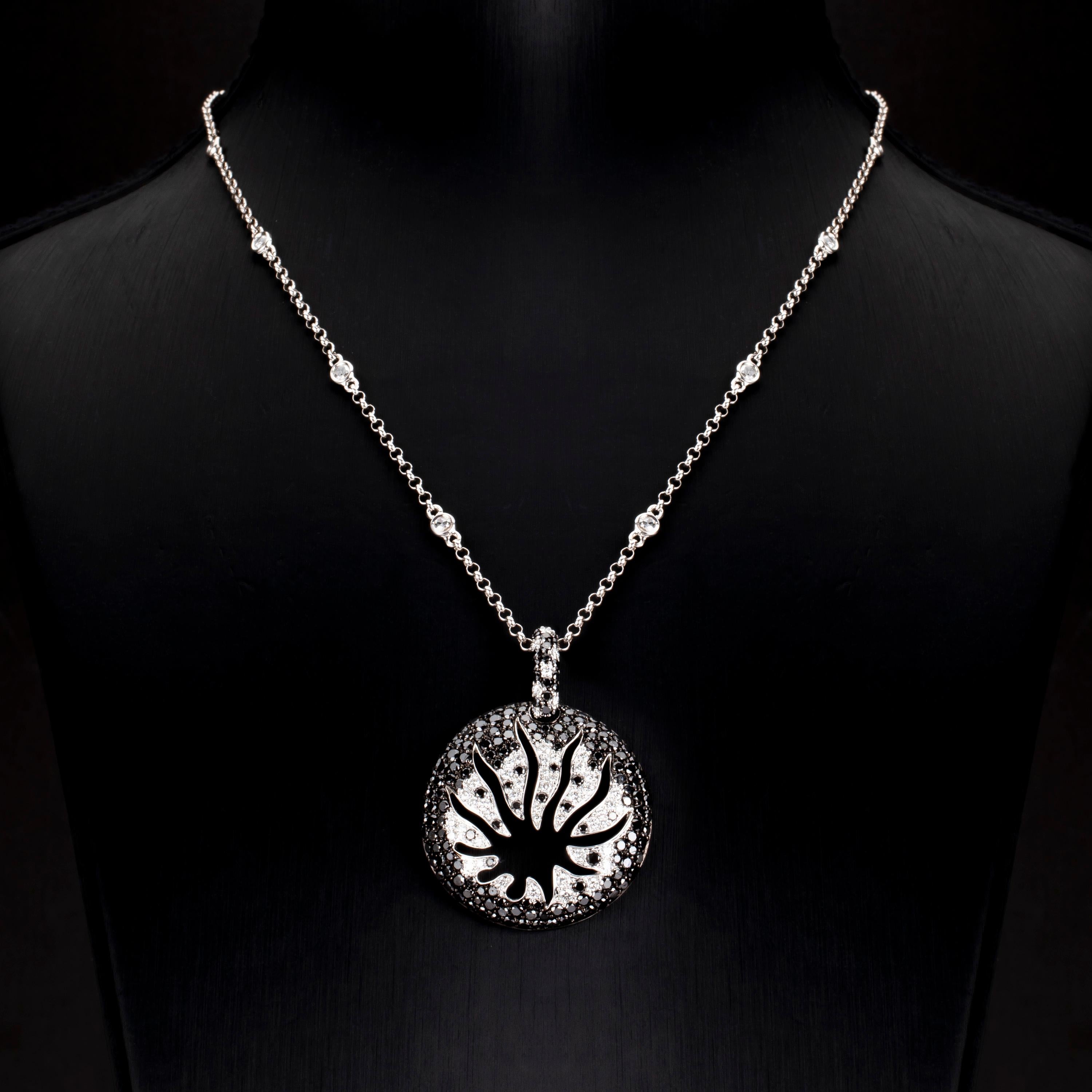 Round Cut 4.12 Carat Black White Diamond 18K Gold Constellation Medallion Pendant Necklace For Sale