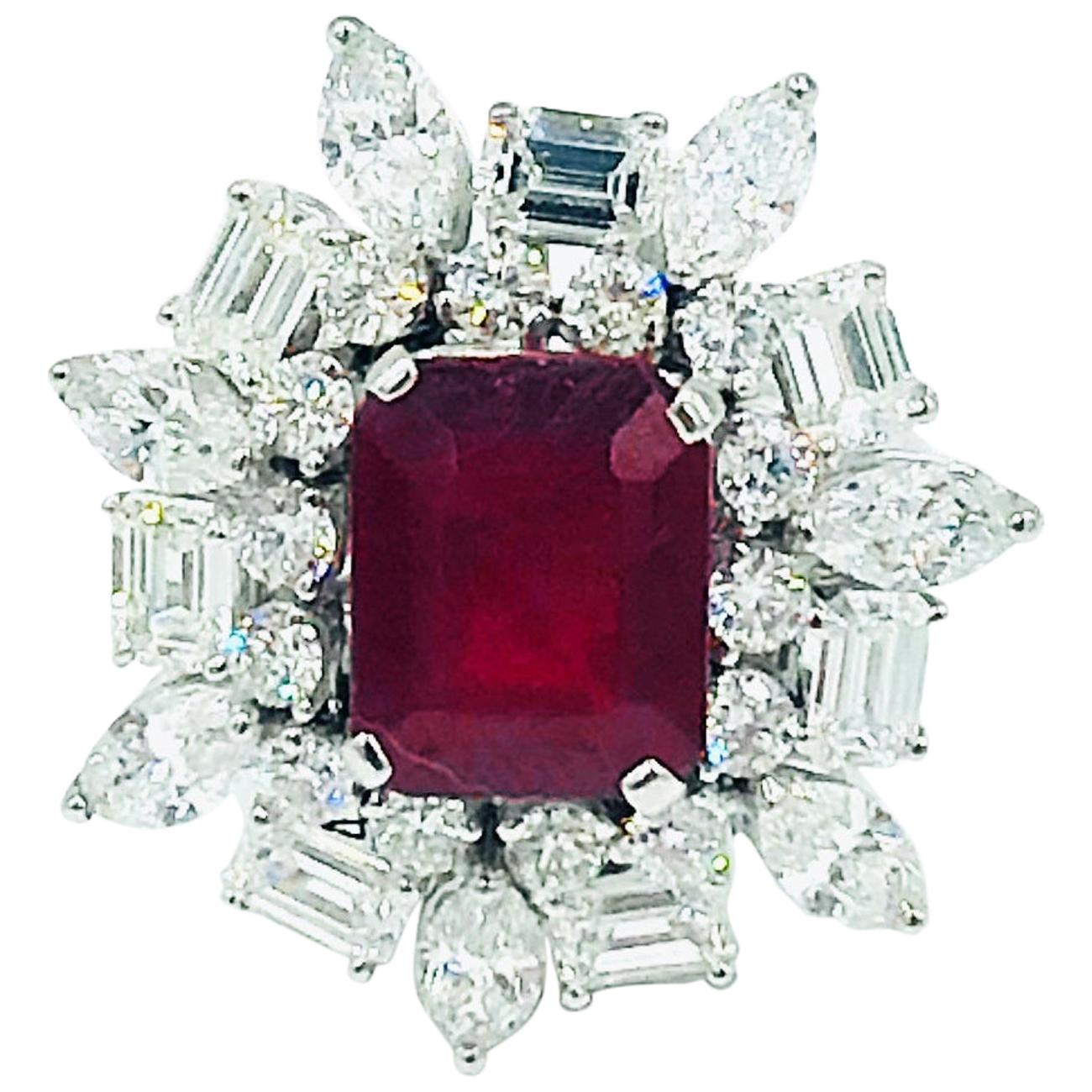 Emerald Cut Ruby 4.12 Carat Ring With Diamonds 3.44 Carats 18K White Gold