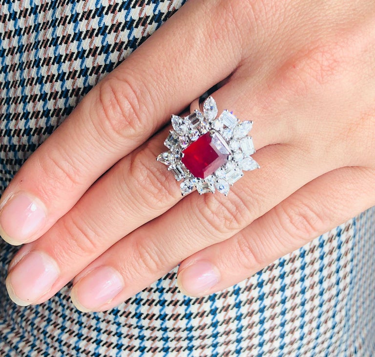 Emerald Cut Ruby 4.12 Carat Ring With Diamonds 3.44 Carats 18K White