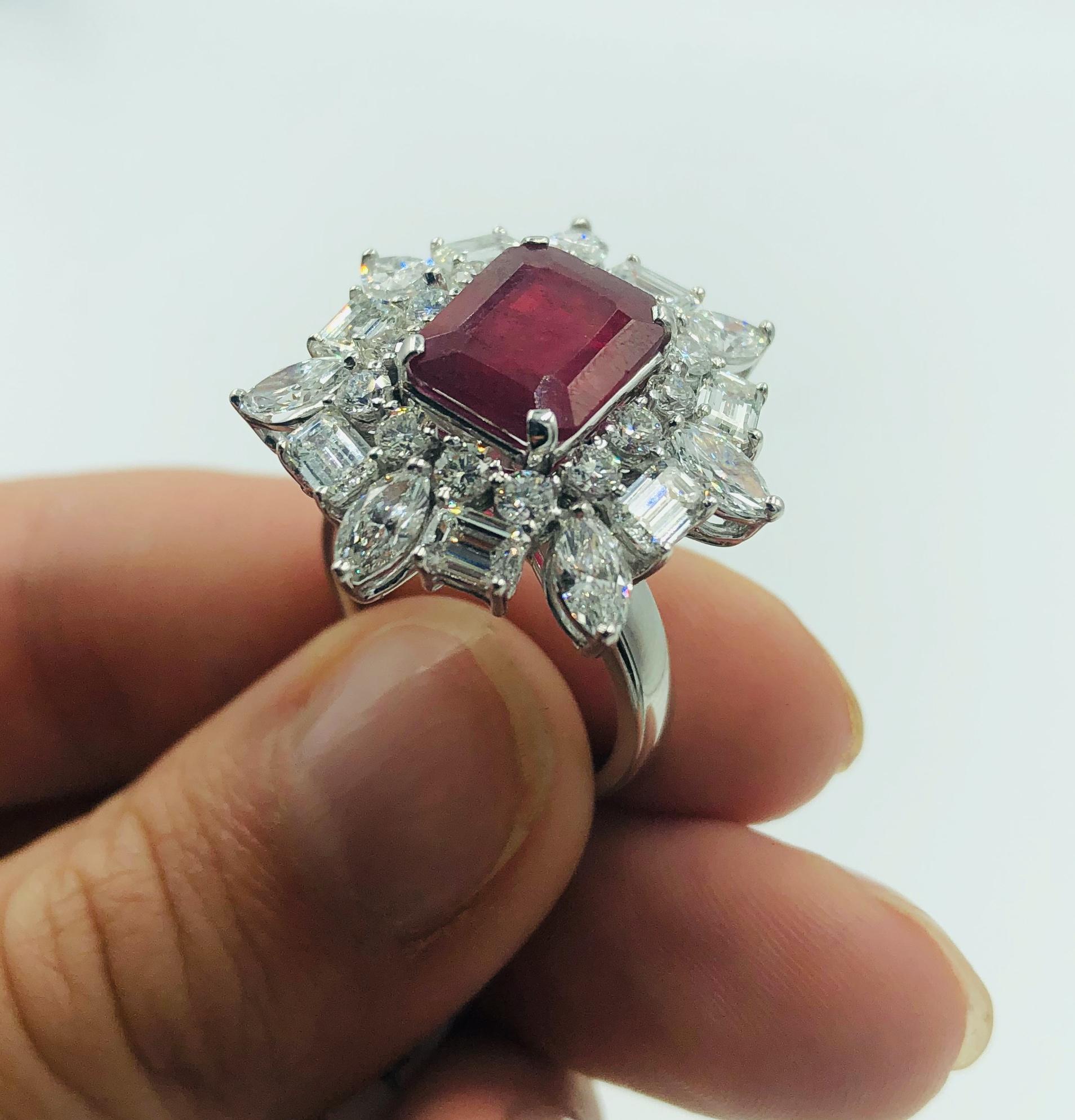 Modern Emerald Cut Ruby 4.12 Carat Ring With Diamonds 3.44 Carats 18K White Gold