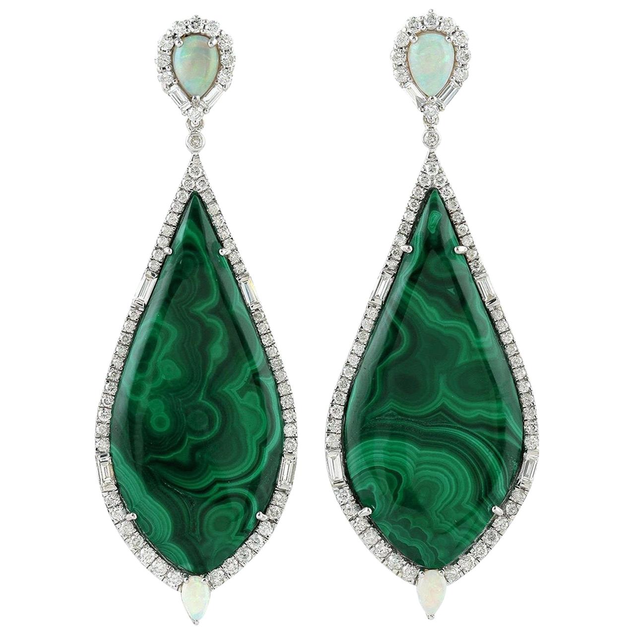41.2 Carat Malachite Opal Diamond 14 Karat Gold Earrings