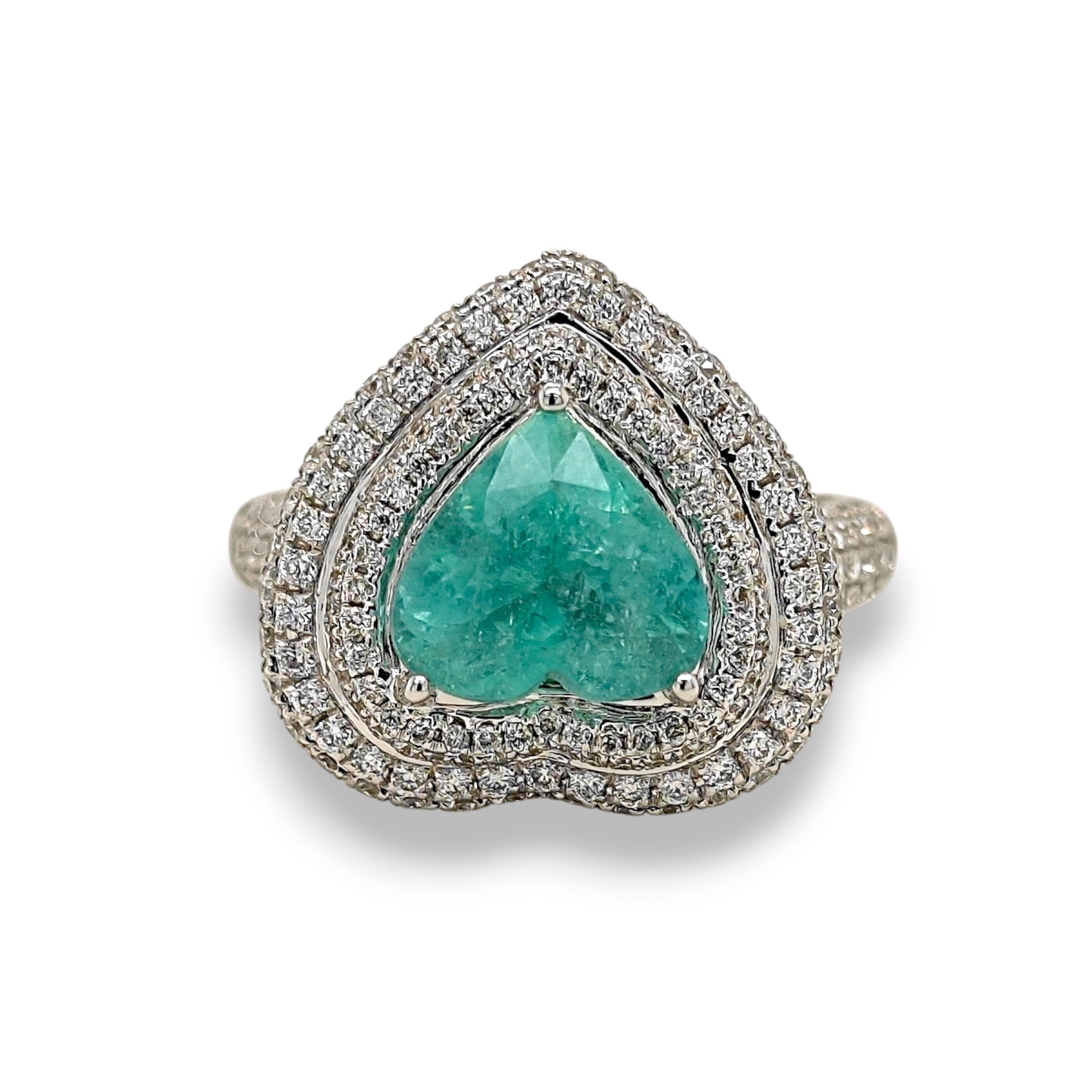 Heart Cut 4.12 Carat Neon Blue Heart Paraiba Tourmaline Round Diamond White Gold ring For Sale