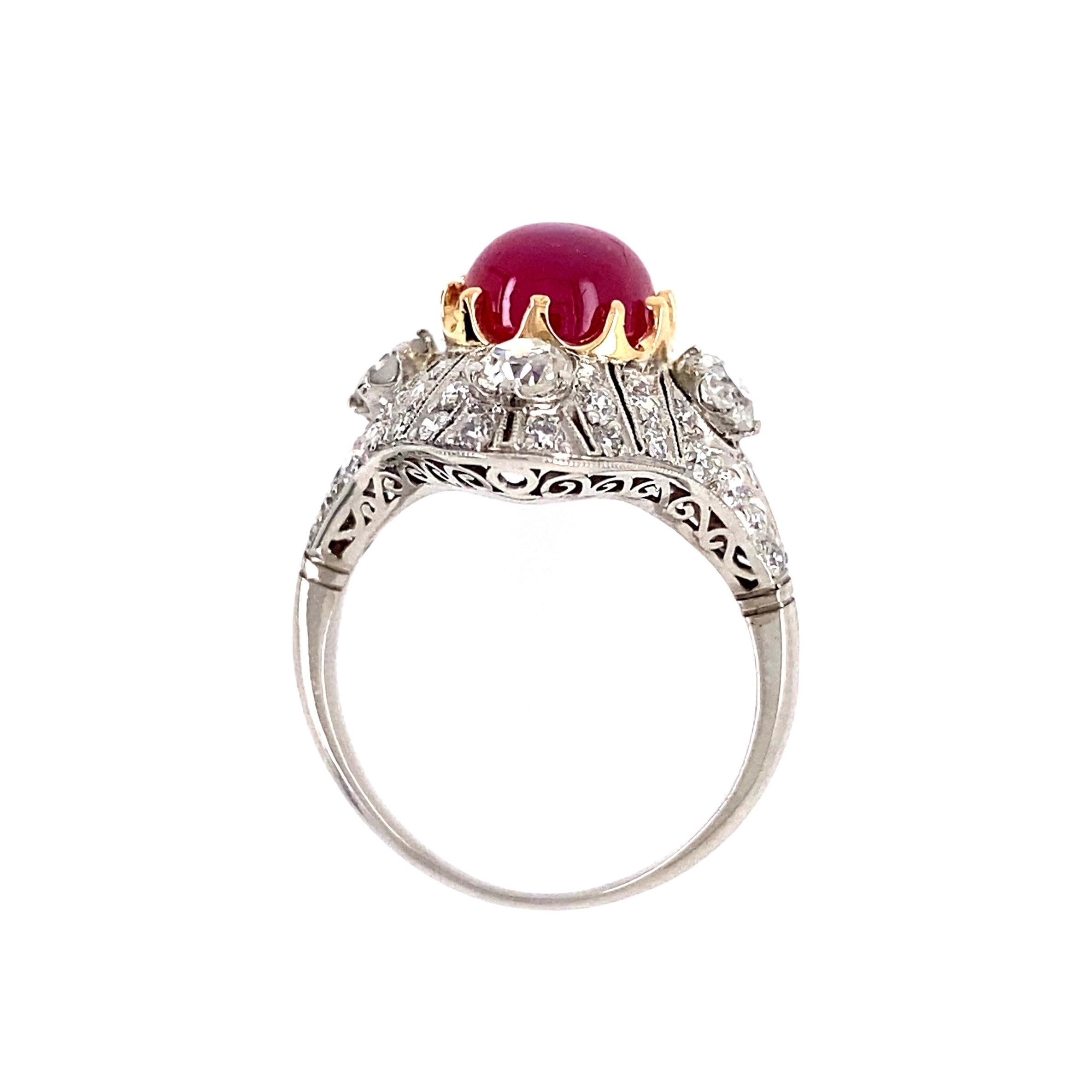 Beautiful Burmese Star Ruby and Diamond Art Deco Style Platinum Cocktail Ring, center securely set with a Burmese Star Ruby, weighing approx. 4.11 Carat, NO Heat, GIA # 2215136573; surrounded by Diamonds 1.80tcw; 4 larger old European cut diamonds