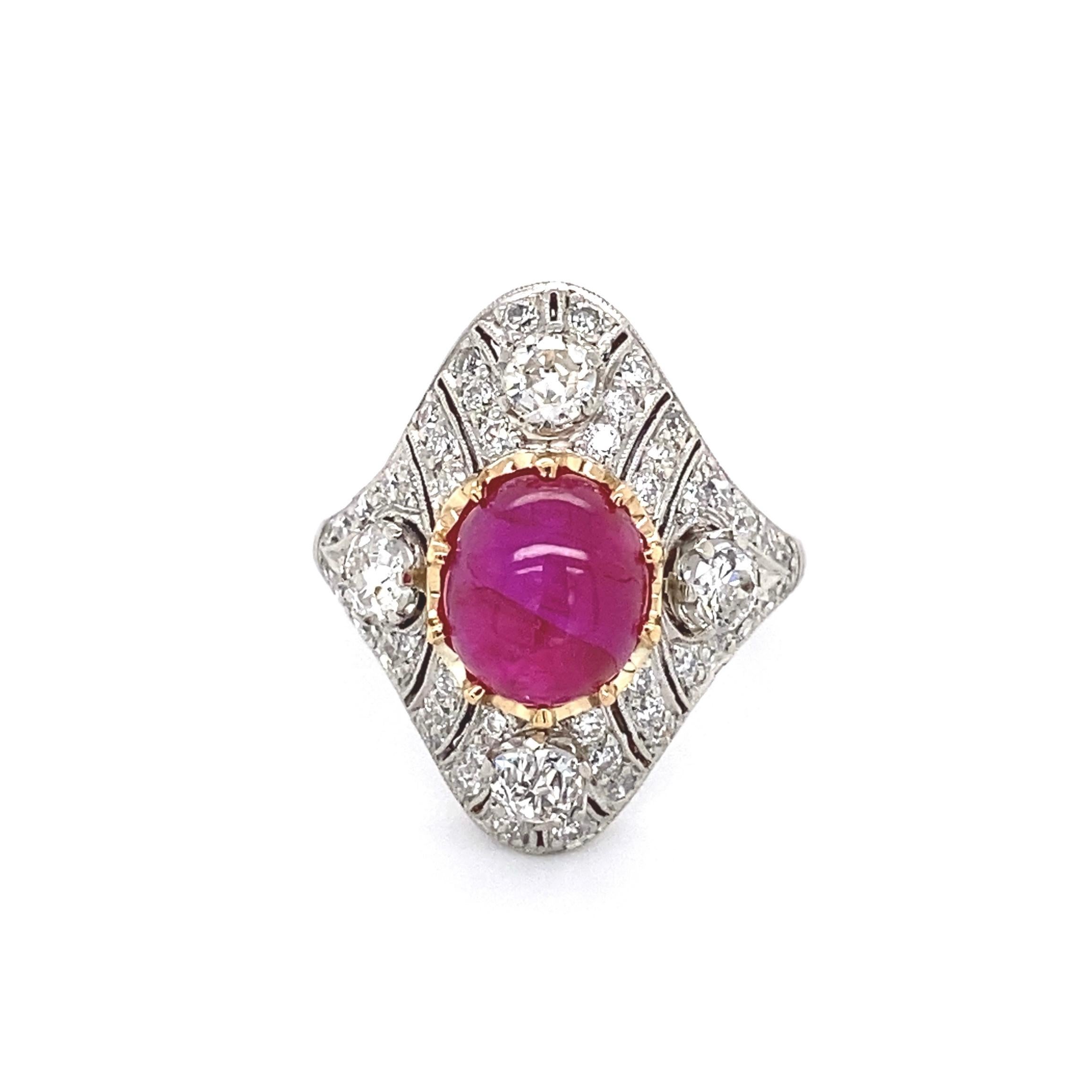 Art Deco 4.11 Carat No Heat Burmese Star Ruby Diamond Platinum Ring Estate Fine Jewelry For Sale