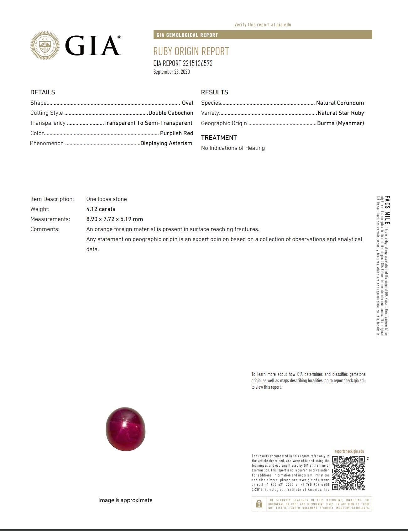 4.11 Carat No Heat Burmese Star Ruby Diamond Platinum Ring Estate Fine Jewelry en vente 3