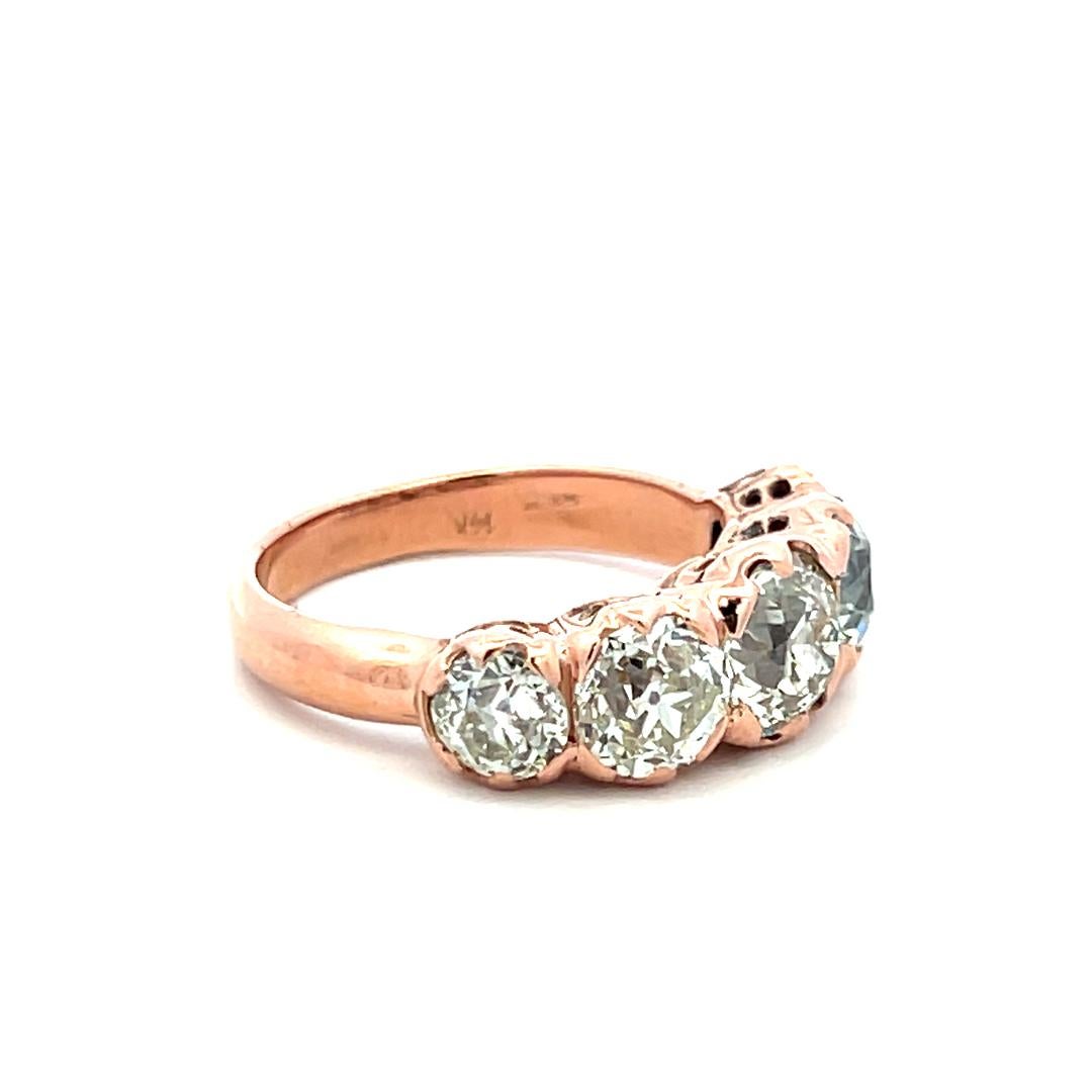 Bague à cinq pierres en or rose 14 carats avec diamant taille européenne ancienne de 4,12 carats en vente 5