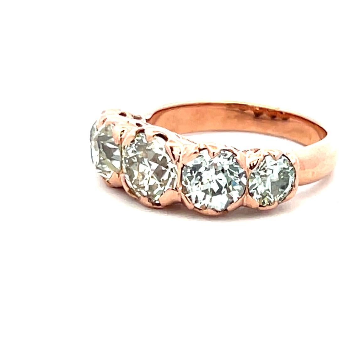 Bague à cinq pierres en or rose 14 carats avec diamant taille européenne ancienne de 4,12 carats en vente 6