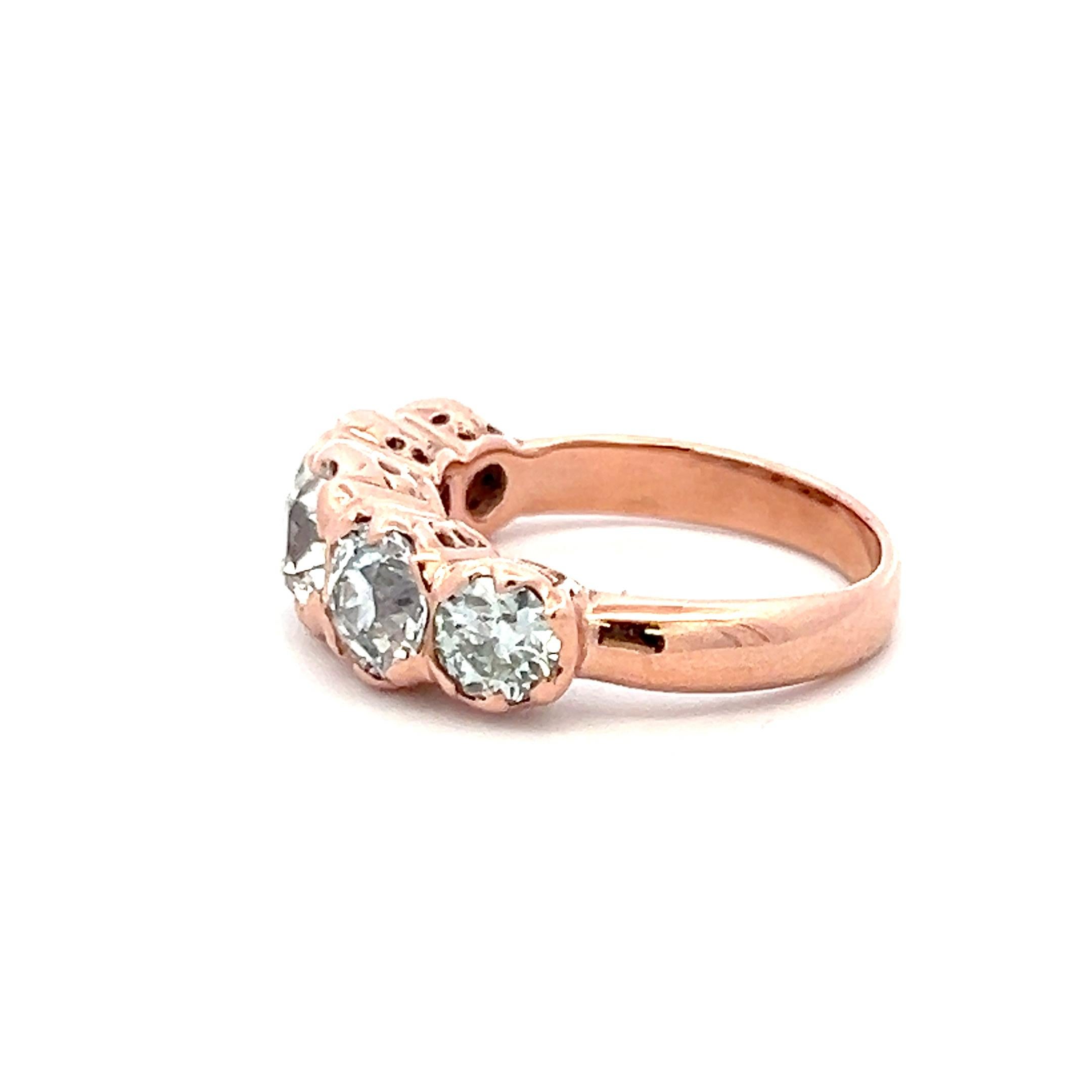 Bague à cinq pierres en or rose 14 carats avec diamant taille européenne ancienne de 4,12 carats en vente 2