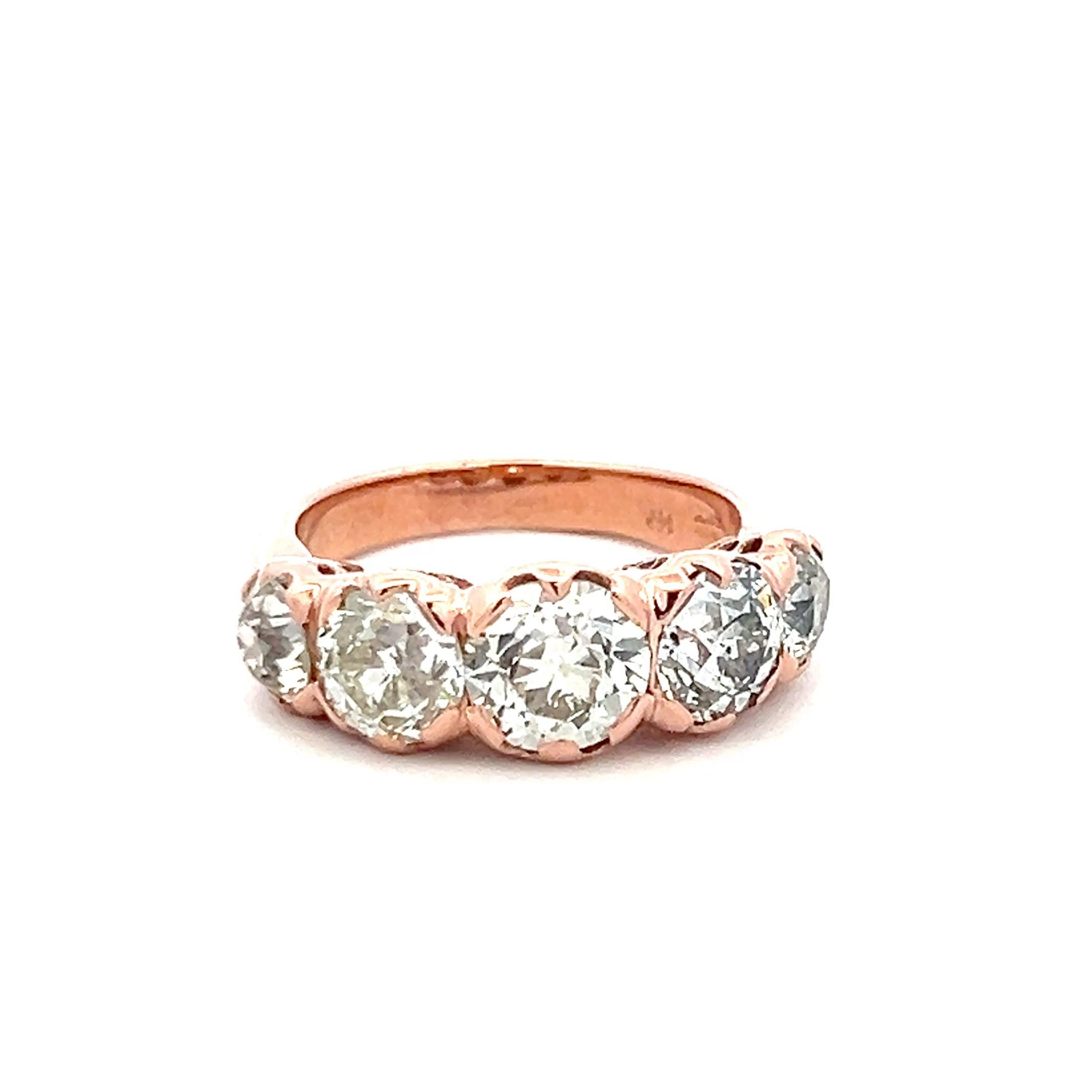 Bague à cinq pierres en or rose 14 carats avec diamant taille européenne ancienne de 4,12 carats en vente 3