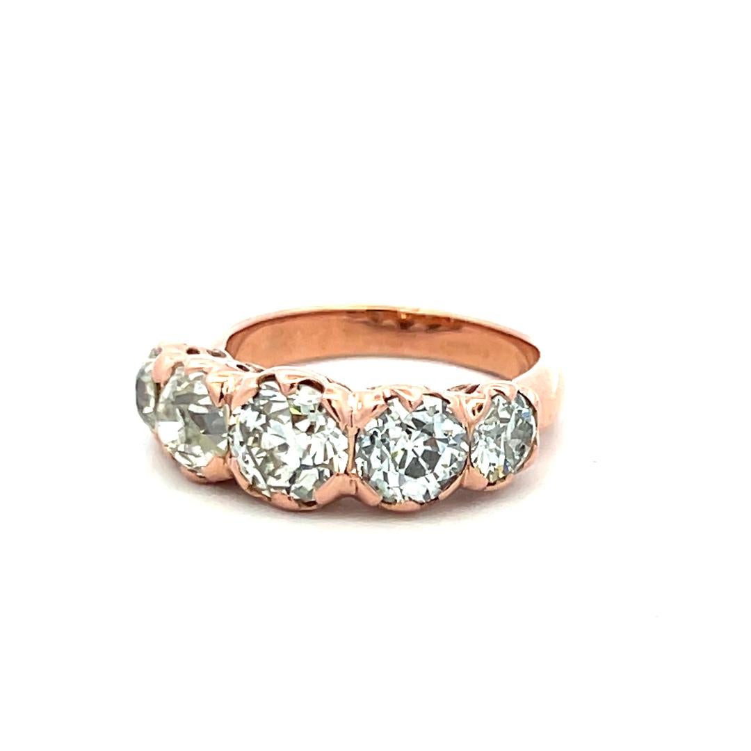 Bague à cinq pierres en or rose 14 carats avec diamant taille européenne ancienne de 4,12 carats en vente 4