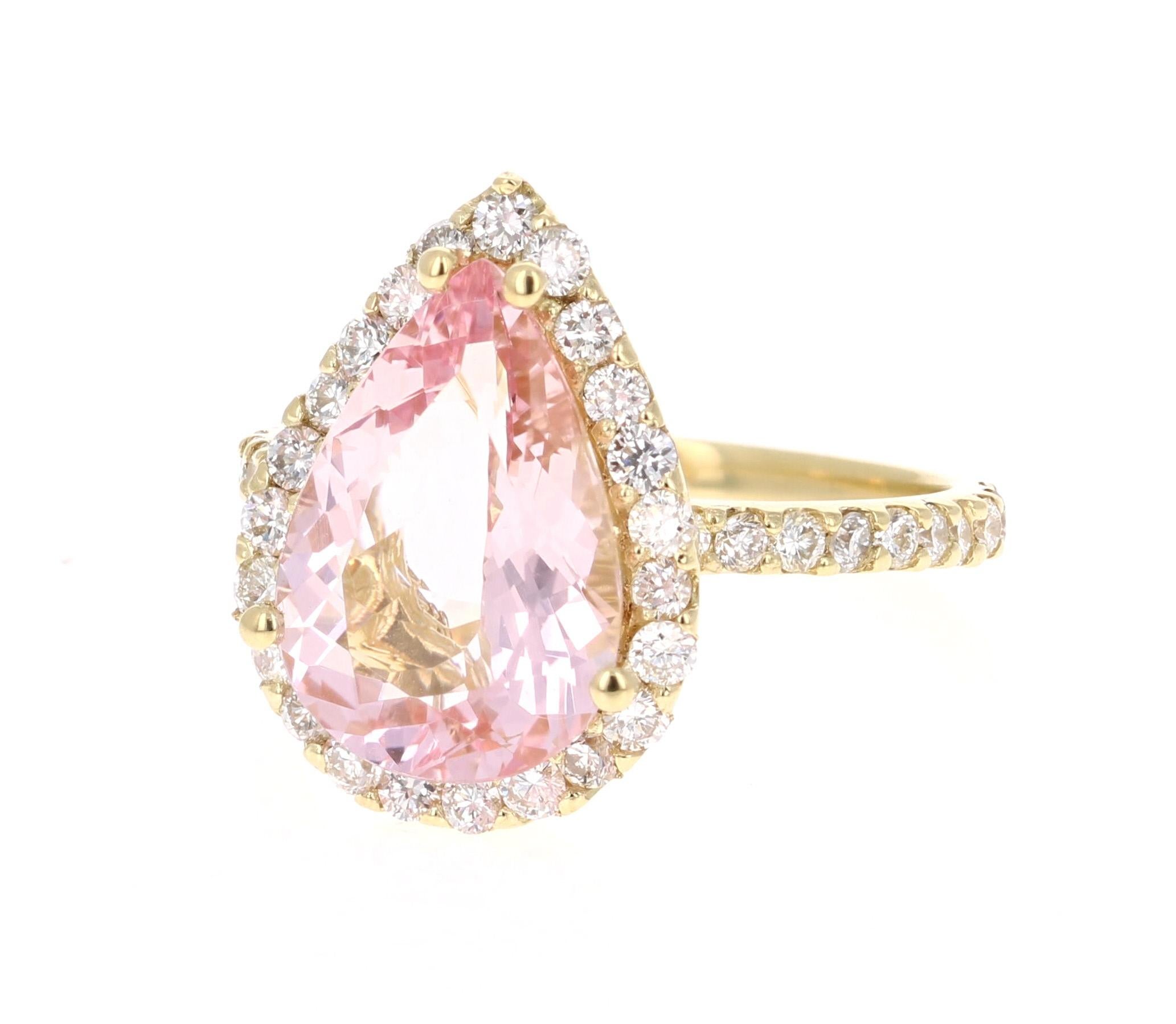 Modern 4.12 Carat Pear Cut Pink Morganite Diamond 18 Karat Yellow Gold Engagement Ring