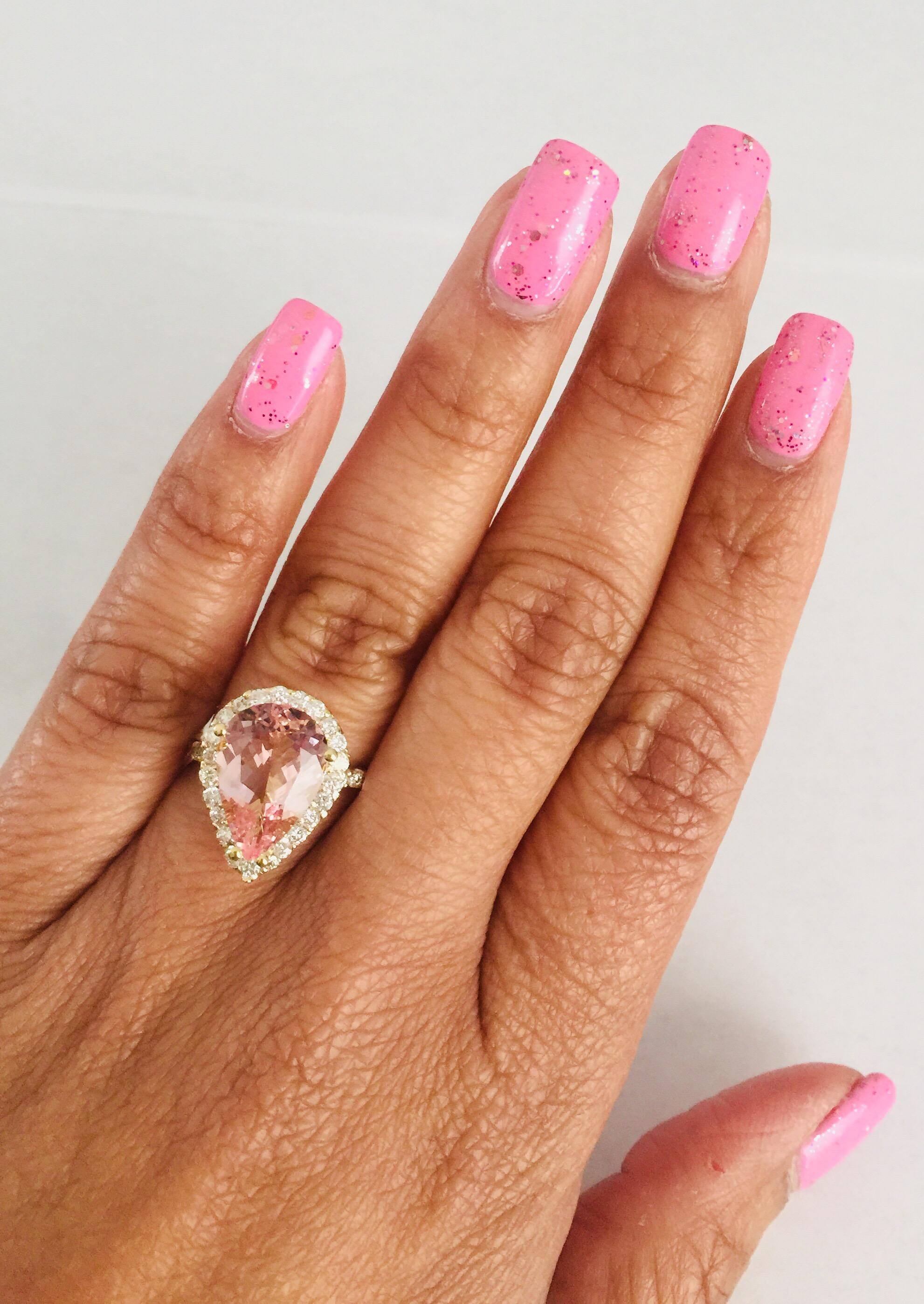 4.12 Carat Pear Cut Pink Morganite Diamond 18 Karat Yellow Gold Engagement Ring 1