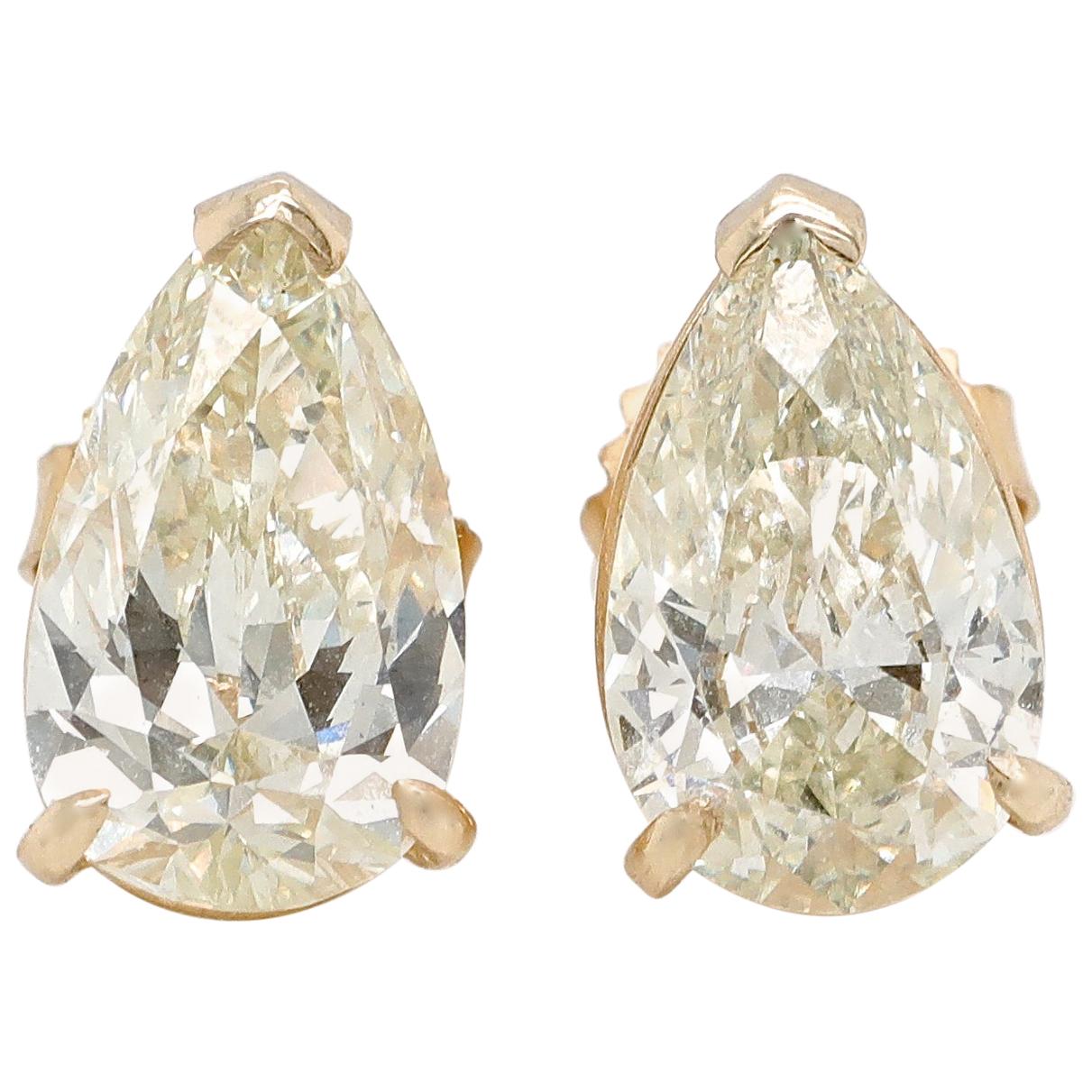 4.12 Carat Pear Shaped Diamonds 14 Karat Gold Stud Earrings