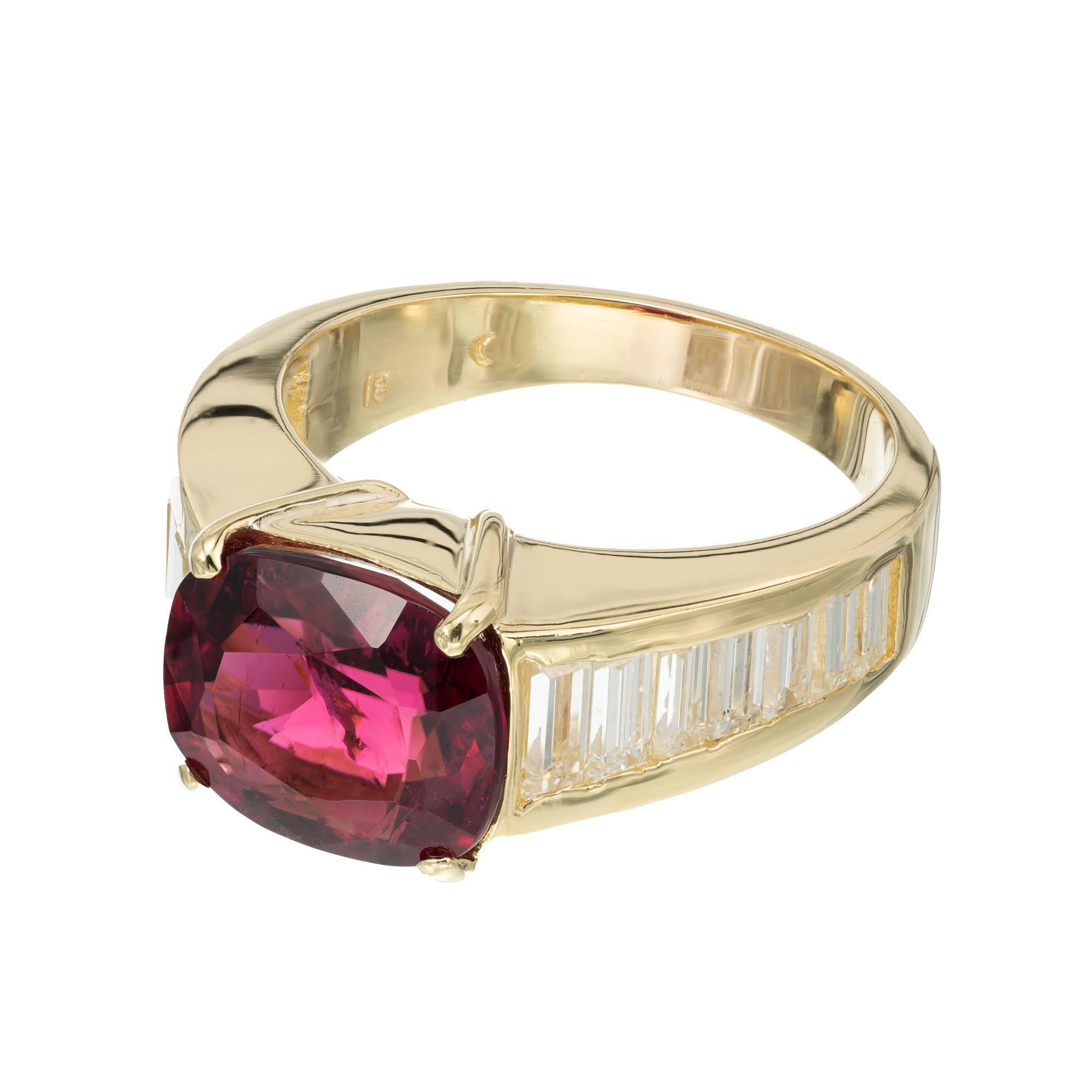 Cushion Cut 4.12 Carat Pink Tourmaline Diamond Yellow Gold Engagement Ring For Sale