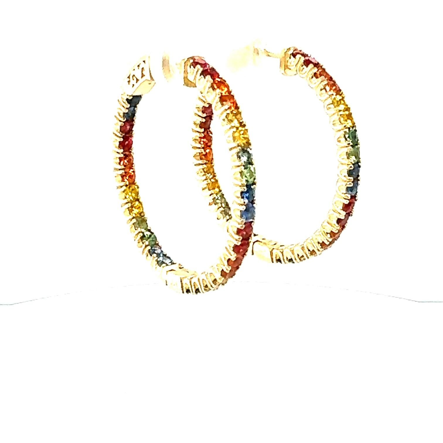 Round Cut 4.12 Carat Rainbow Sapphire Yellow Gold Hoop Earrings For Sale