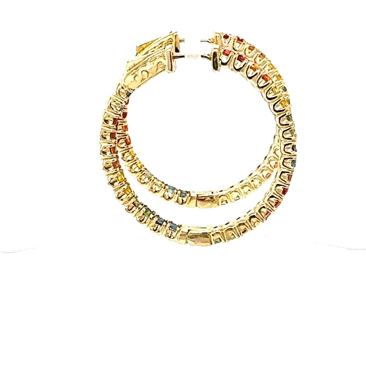 4.12 Carat Rainbow Sapphire Yellow Gold Hoop Earrings In New Condition For Sale In Los Angeles, CA