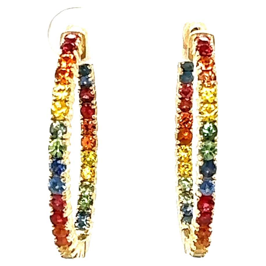4.12 Carat Rainbow Sapphire Yellow Gold Hoop Earrings For Sale