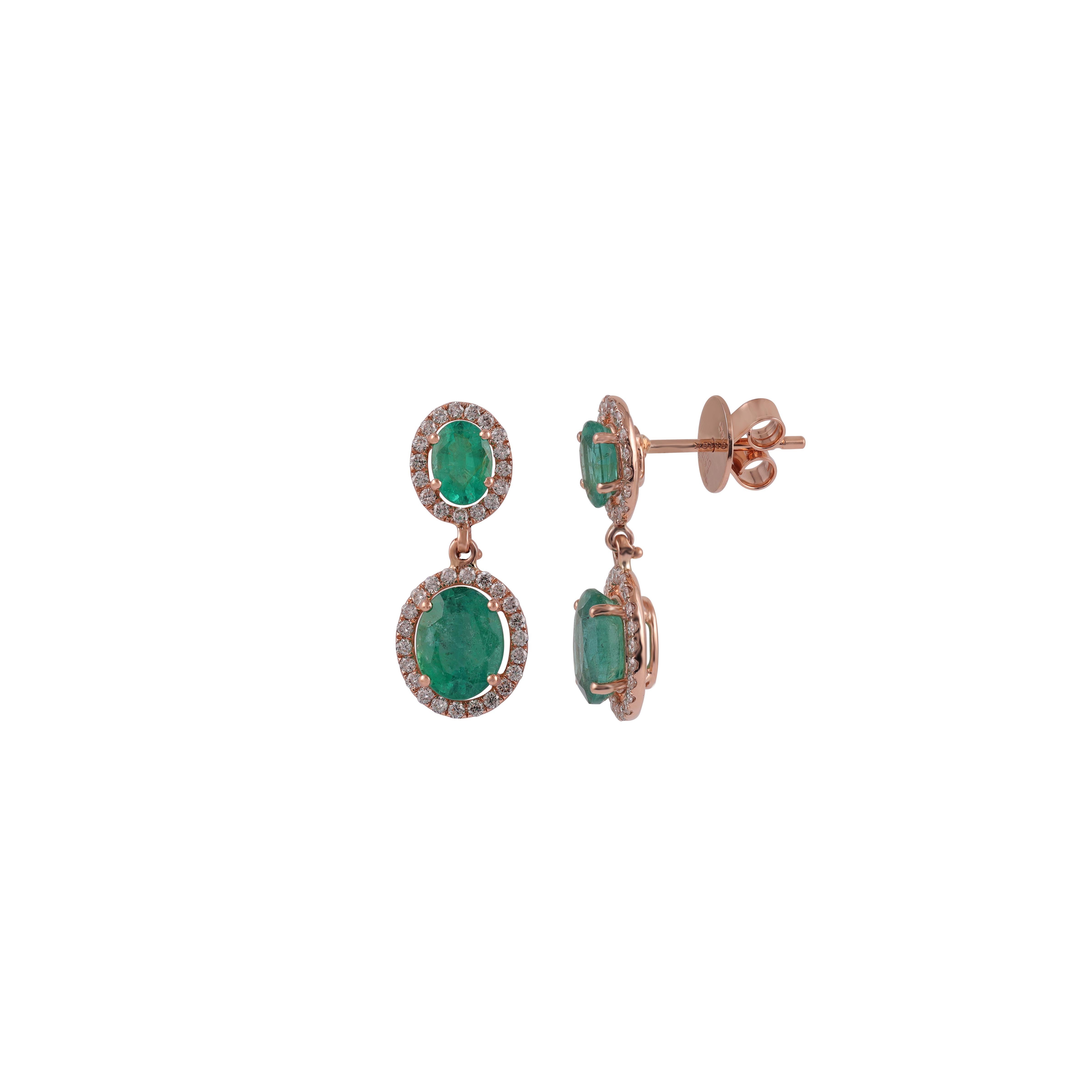 Contemporary 4.12 Carat Zambian Emerald & Diamond Stud Earrings in 18k Gold For Sale