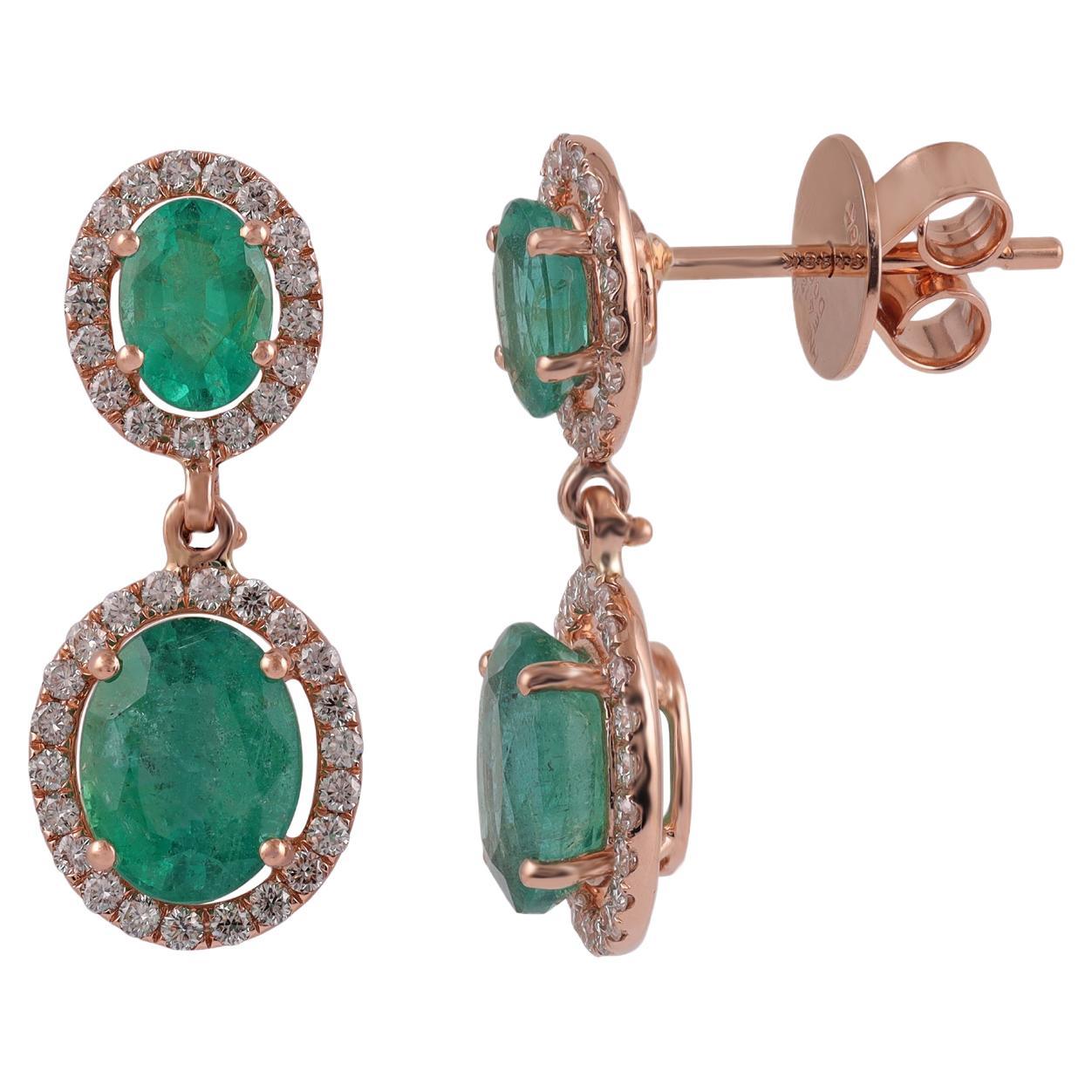 4.12 Carat Zambian Emerald & Diamond Stud Earrings in 18k Gold For Sale