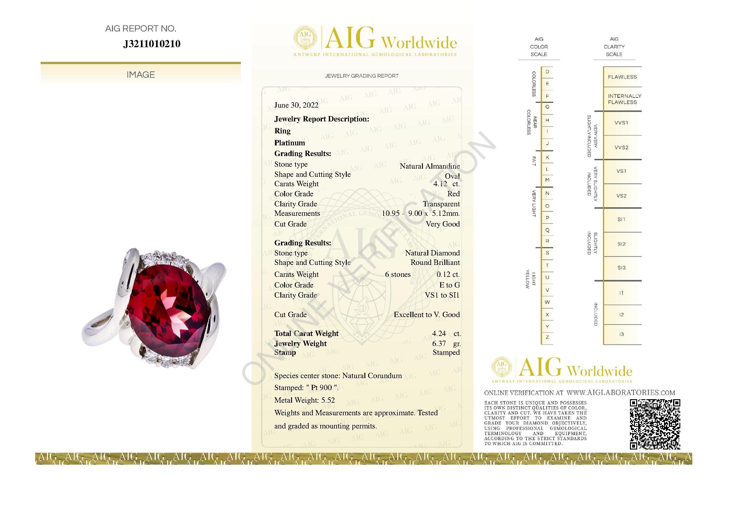 This lot is offered without any reserve price, starting bid $1, highest bid wins.

Platinum Ring set with 4.12 ct Natural Almandine Garnet, accented by 0.12 ct Natural White Diamonds.

Color Grading: Red
Clarity Grading: Transparent
Total Carat
