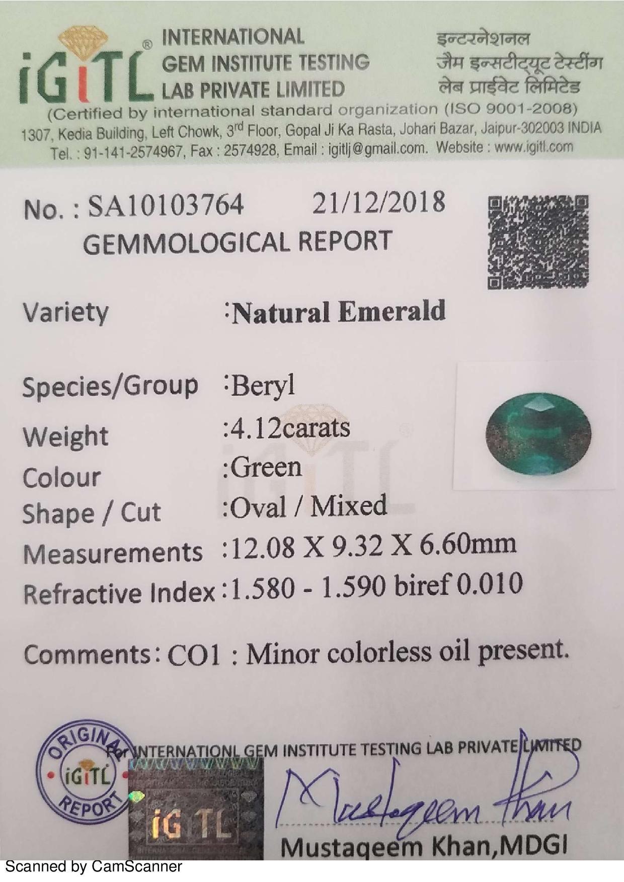 Oval Cut 4.12 Ct Weight Oval Shaped Green Color IGITL Certified Emerald Gemstone Pendant For Sale