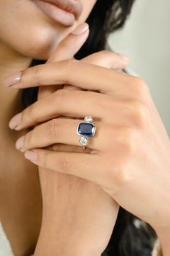 4.12 ctw Blue Sapphire Diamond Three Stone Ring in 14k White Gold Gift for Women