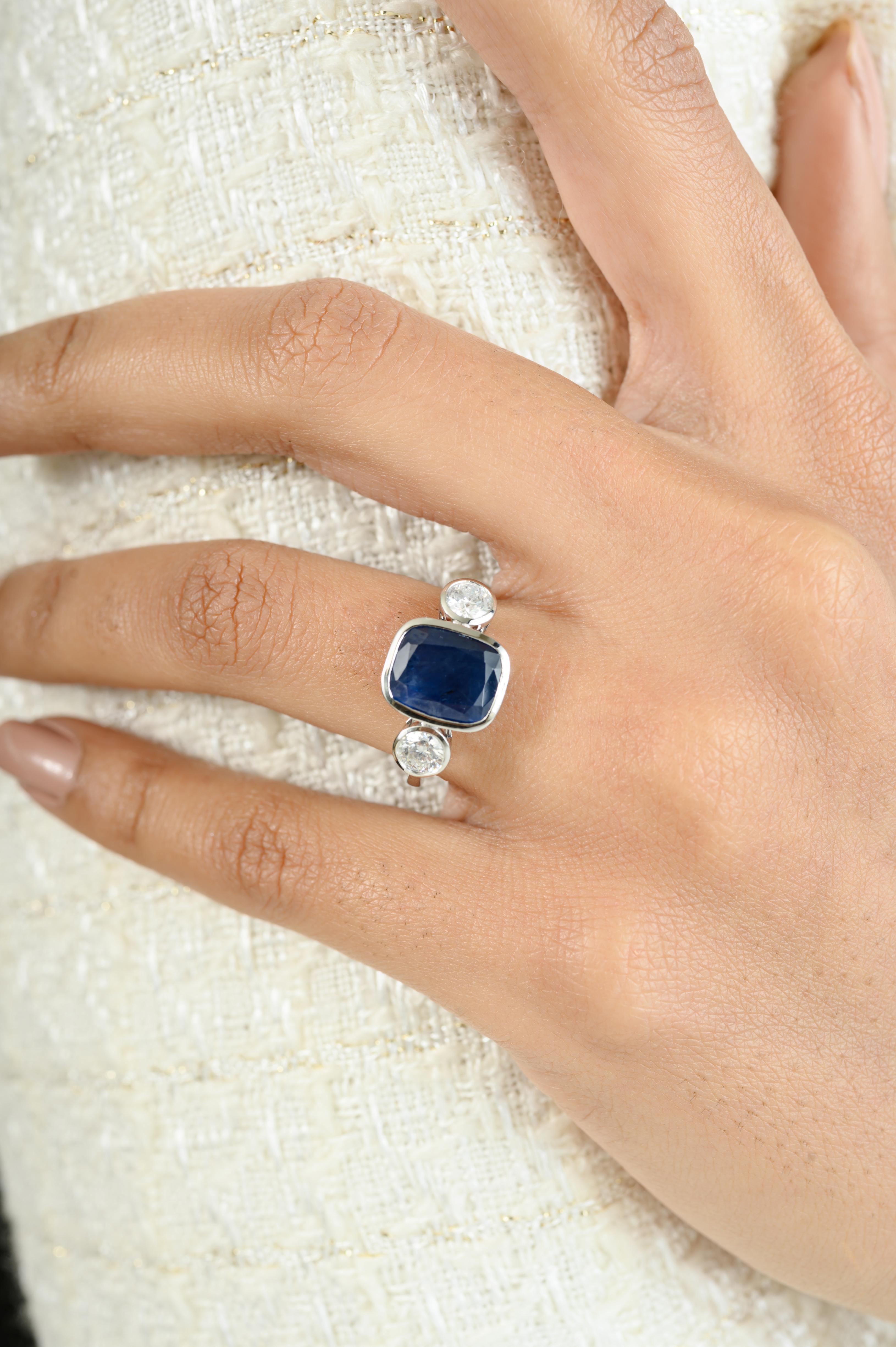 En venta: 4,12 ctw Zafiro Azul Diamante Anillo de Tres Piedras en Oro Blanco de 14k Regalo para Mujer  8