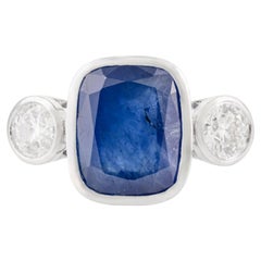 4.12 ctw Blue Sapphire Diamond Three Stone Ring in 14k White Gold Gift for Women