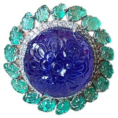 41.20 Carats, Natural Carved Tanzanite, Carved Emeralds & Diamonds Cocktail Ring