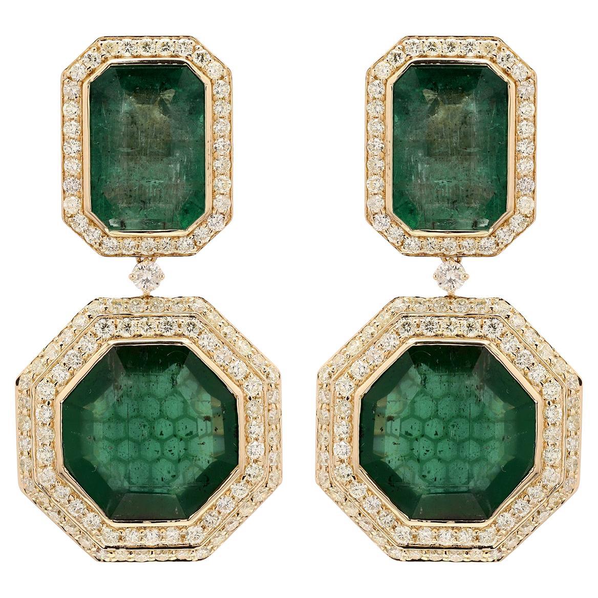 41.22 ct Two Tier Emerald Dangle Earrings With Diamonds Made in 18k Yellow Gold For Sale