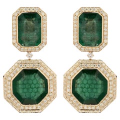41.22 ct Two Tier Emerald Dangle Earrings With Diamonds Made in 18k Yellow Gold