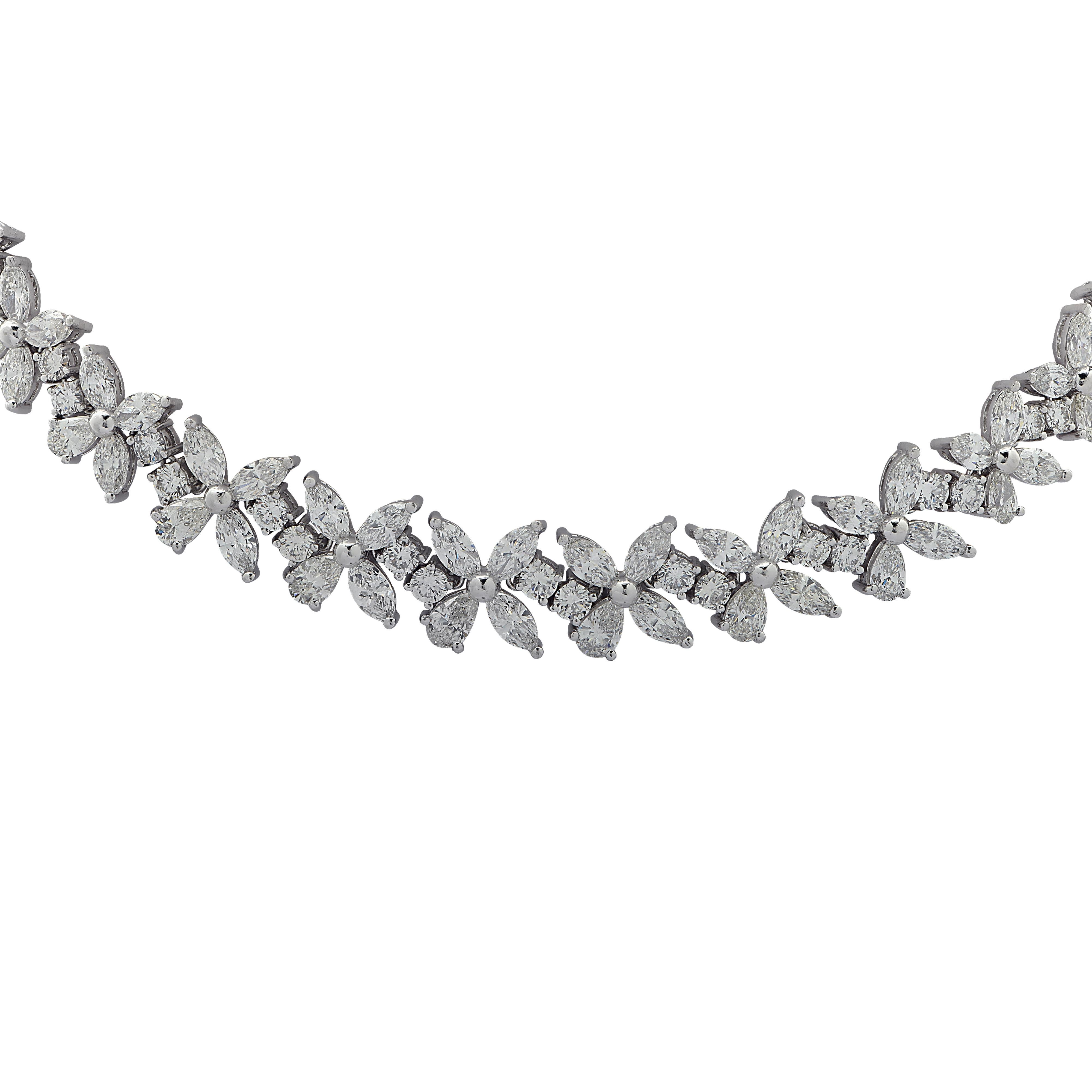 Sensational diamond necklace finely crafted in Platinum, featuring 206 mixed cut diamonds weighing approximately 41.25 carats total, G-H color, VS clarity. 86 round brilliant cut diamonds, 104 marquise cut diamonds and 16 pear shaped diamonds are