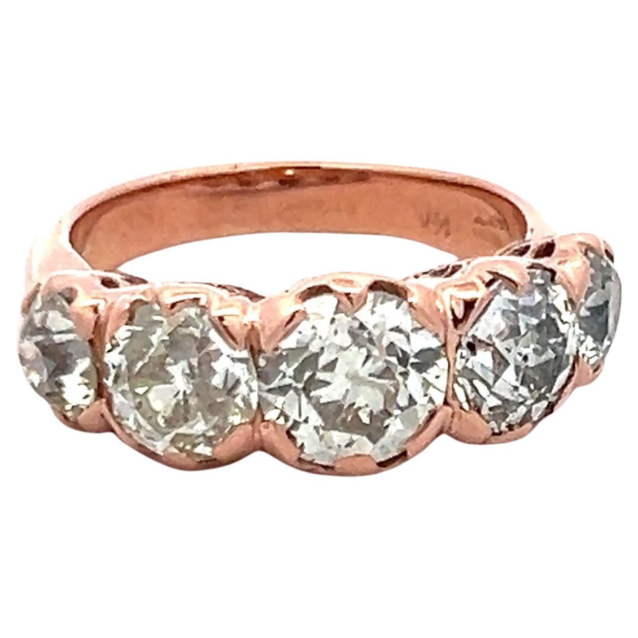 4.12ct Old European Cut M-J Diamond 14K Rose Gold Vintage Five-Stone Ring (bague à cinq pierres)