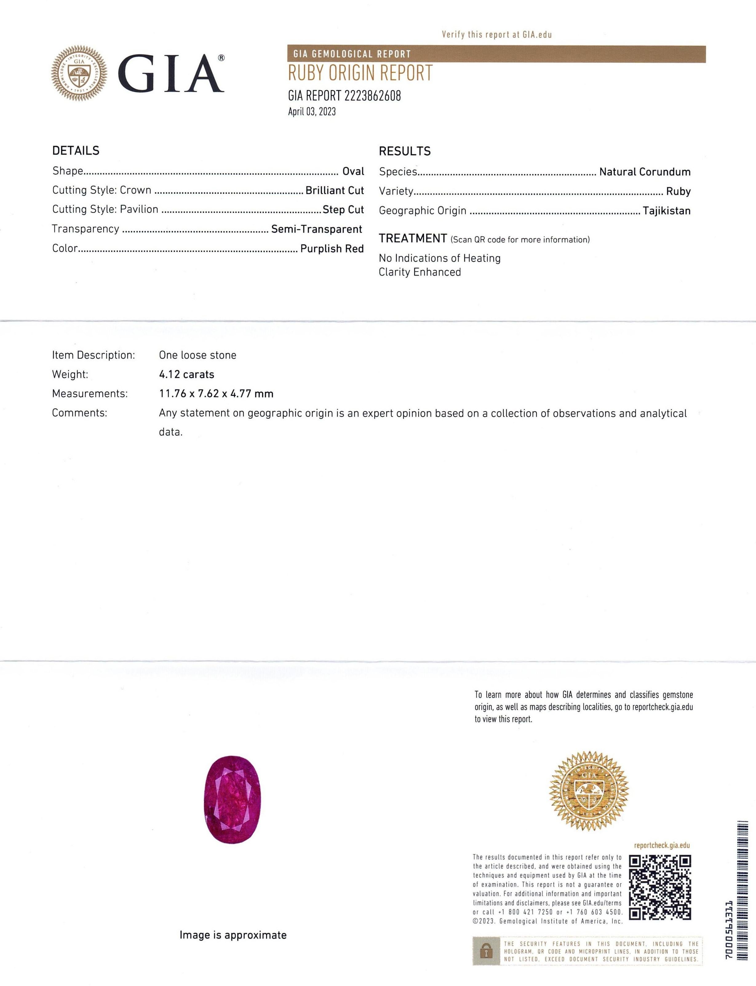 Rubis rouge violacé ovale non chauffé de 4.12 carats certifié par le GIA, Tajikistan Neuf - En vente à Toronto, Ontario