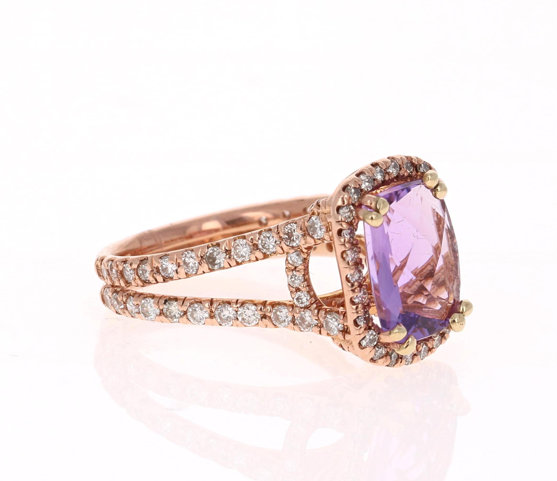 This beautiful ring has a 2.85 Carat Cushion/Emerald Cut Amethyst and is surrounded by a halo of 92 Round Cut Diamonds that weigh 1.28 Carats. The total weight of the ring is 4.13 carats.  

The ring is curated in 14K Rose Gold and weighs