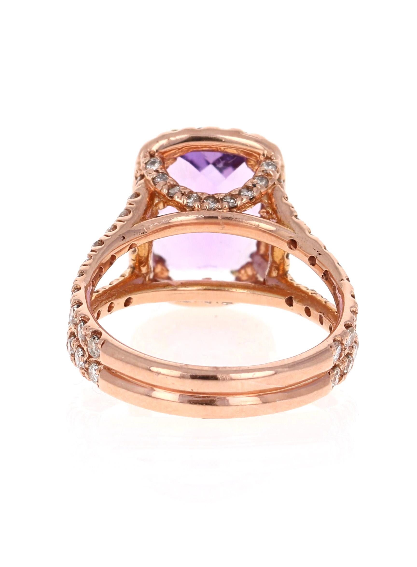 Cushion Cut 4.13 Carat Amethyst Diamond 14 Karat Rose Gold Ring For Sale