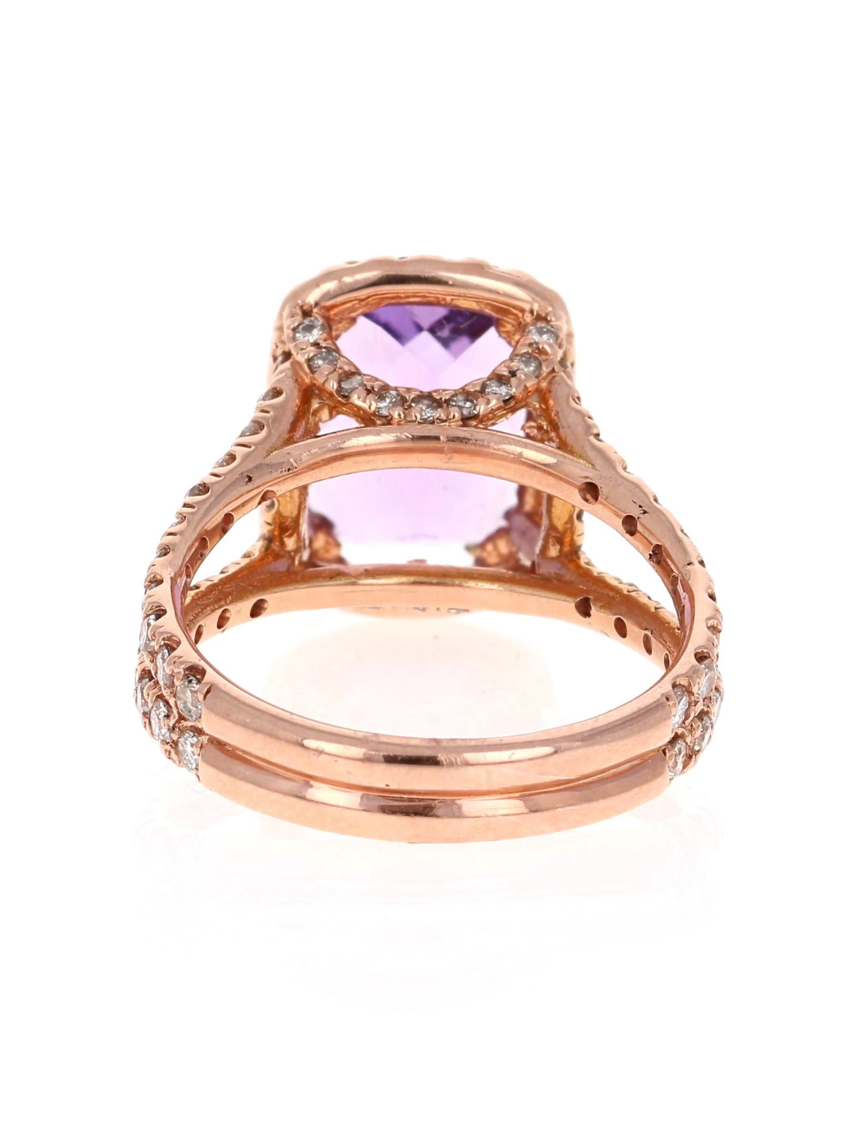 Cushion Cut 4.13 Carat Amethyst Diamond 14 Karat Rose Gold Ring