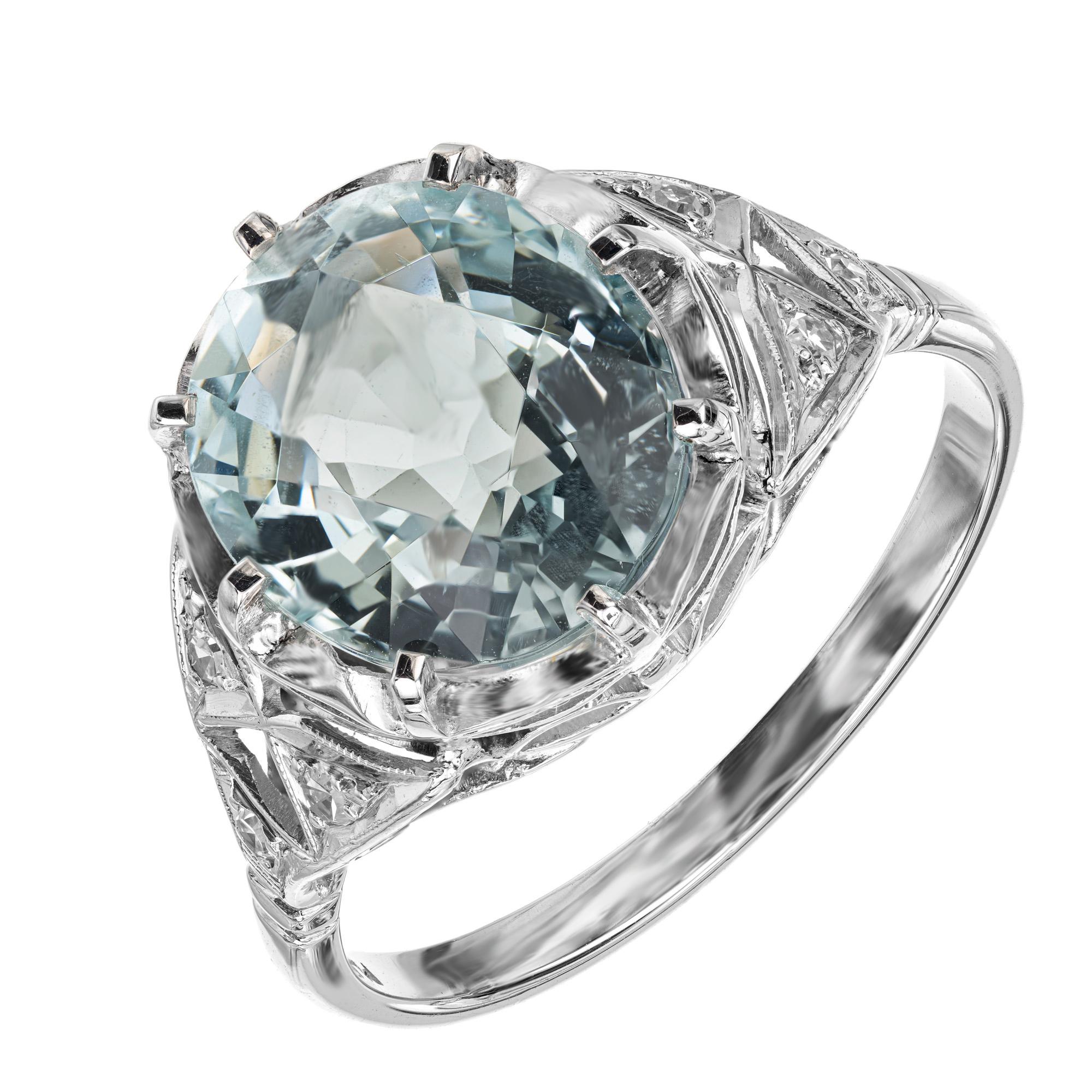 Round Cut 4.13 Carat Aquamarine Diamond Platinum Art Deco Ring  For Sale