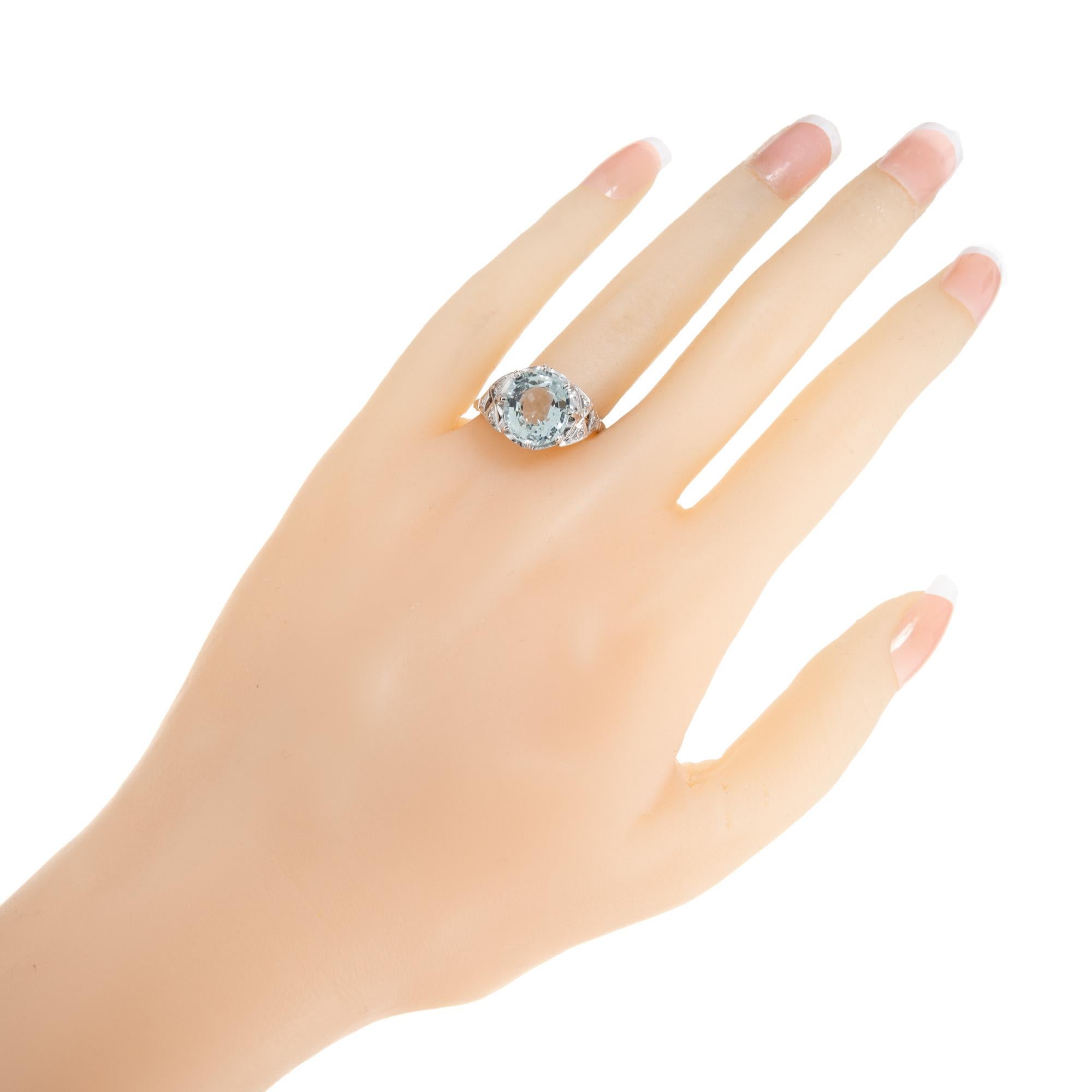 4.13 Carat Aquamarine Diamond Platinum Art Deco Ring  For Sale 3