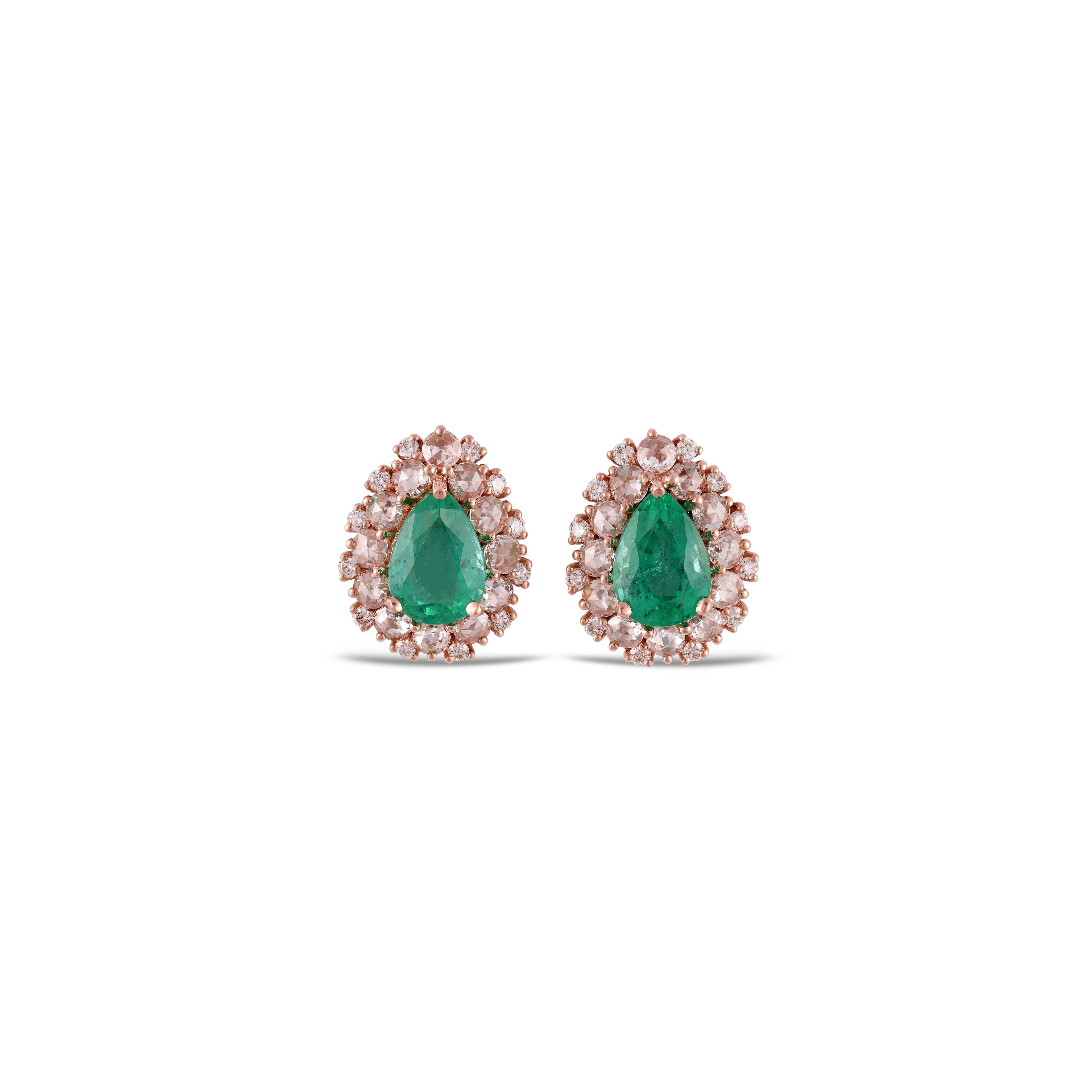 Pear Cut 4.13  Carat Clear Zambian Emerald & Diamond Stud Earring in 18K gold For Sale