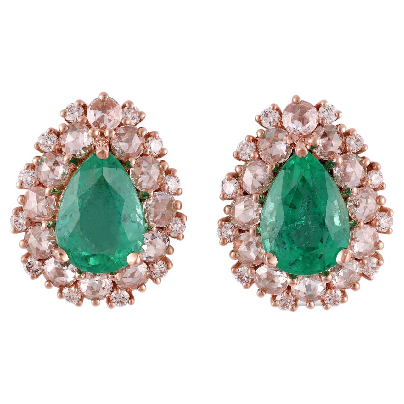 4.13  Carat Clear Zambian Emerald & Diamond Stud Earring in 18K gold For Sale