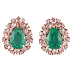 4.13  Carat Clear Zambian Emerald & Diamond Stud Earring in 18K gold