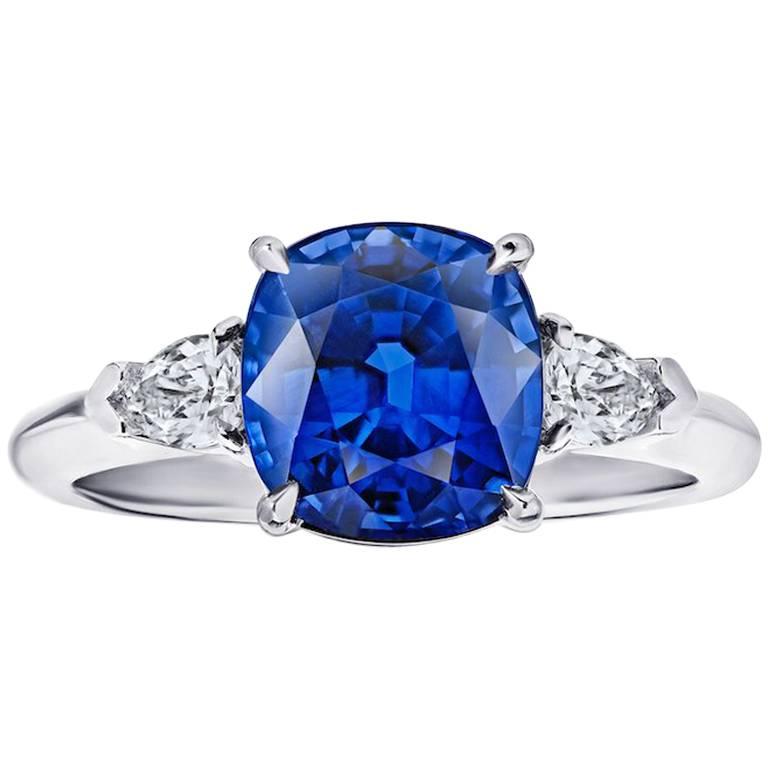 4.13 Carat Cushion Blue Sapphire and Diamond Platinum Ring