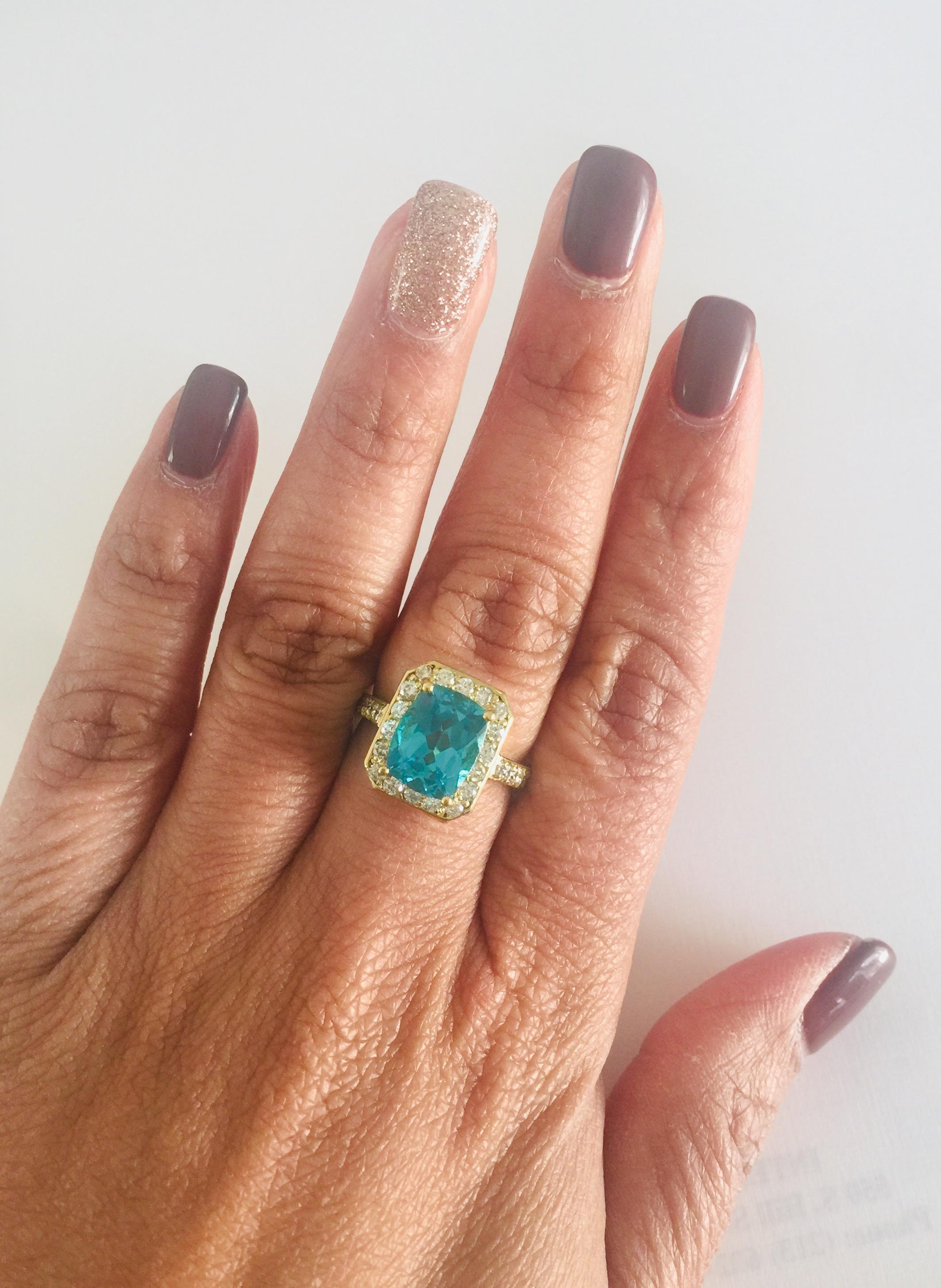 Women's 4.13 Carat Cushion Cut Apatite Diamond Ring 18 Karat Yellow Gold Engagement Ring For Sale