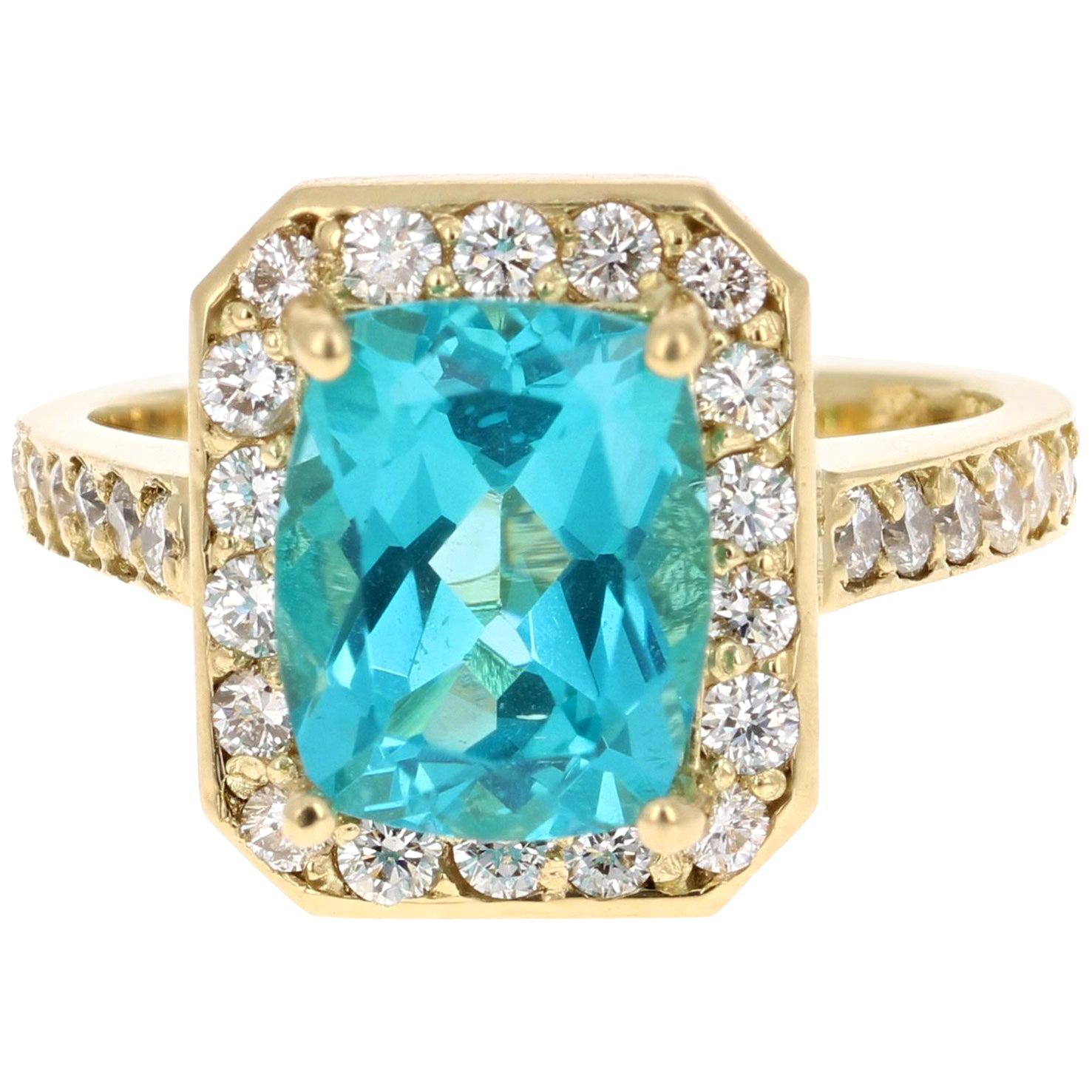 4.13 Carat Cushion Cut Apatite Diamond Ring 18 Karat Yellow Gold Engagement Ring For Sale