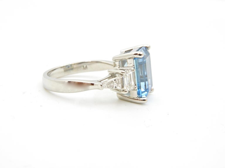 4.13 Carat Emerald Cut Aquamarine and Diamond Platinum Engagement Ring ...